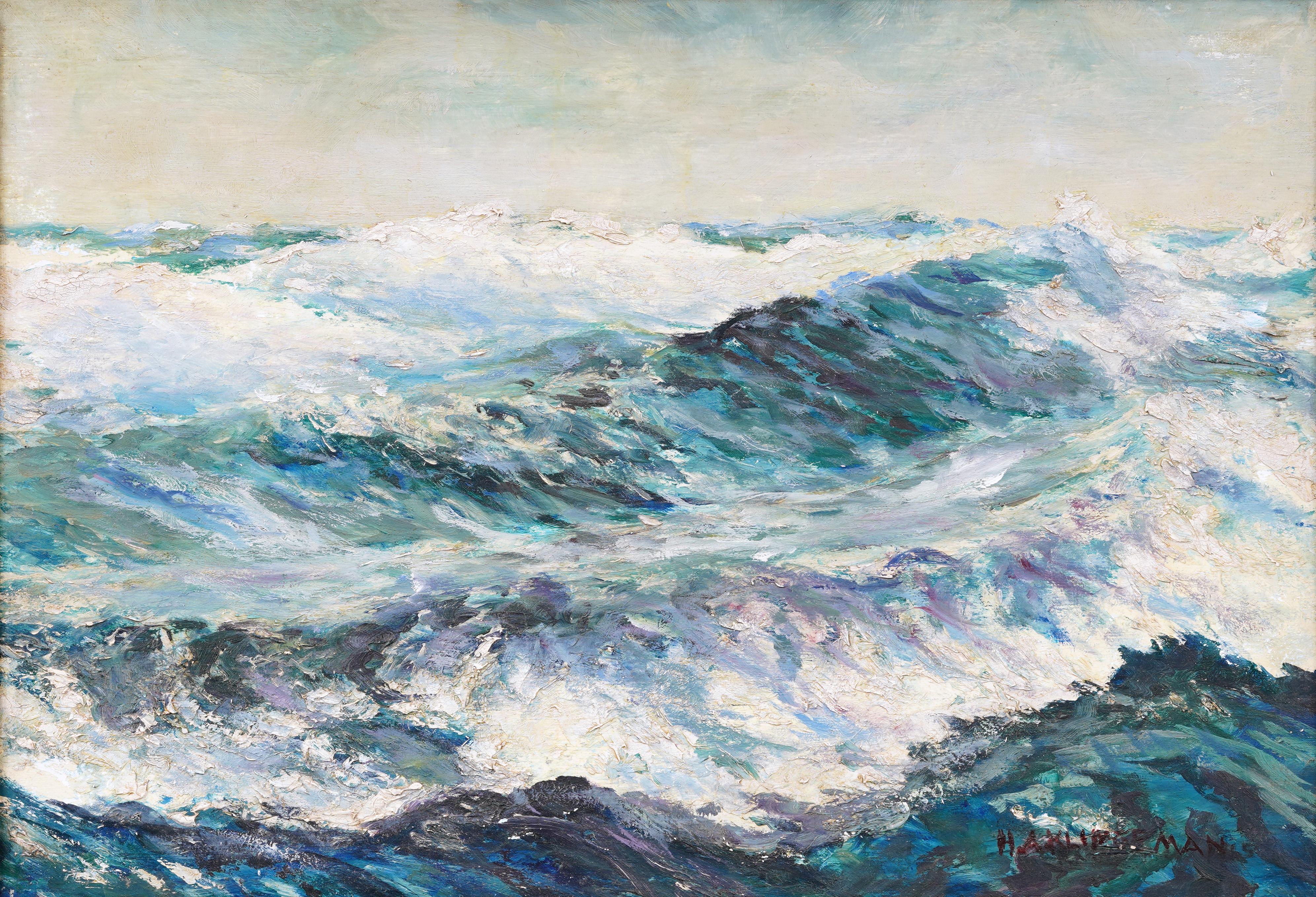 Antiguo cuadro al óleo original firmado por un impresionista americano Paisaje marino Enmarcado - Painting Impresionista de Unknown