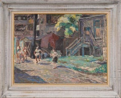 Peinture à l'huile impressionniste américaine ancienne, corde à sauter, jardin urbain, encadrée