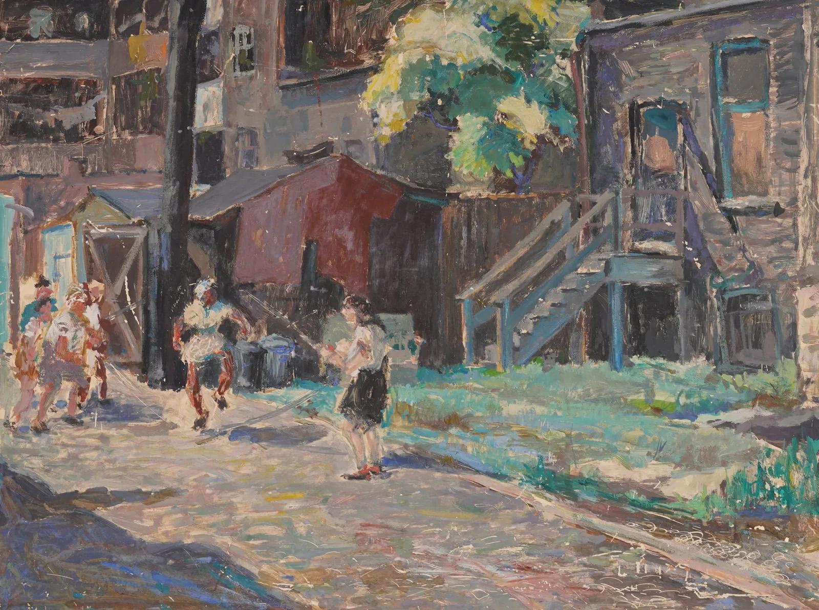 Peinture à l'huile impressionniste américaine ancienne, corde à sauter, jardin urbain, encadrée - Impressionnisme Painting par Unknown