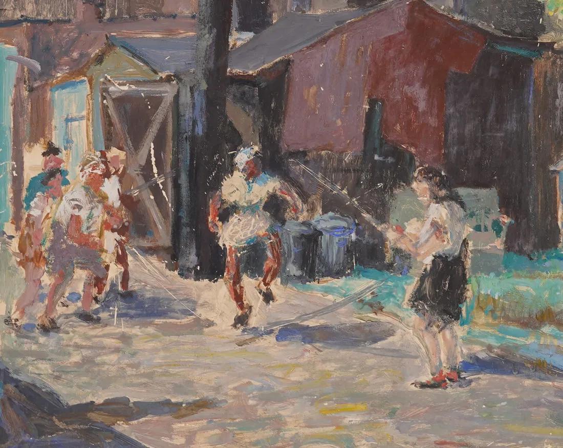 Peinture à l'huile impressionniste américaine ancienne, corde à sauter, jardin urbain, encadrée - Gris Landscape Painting par Unknown