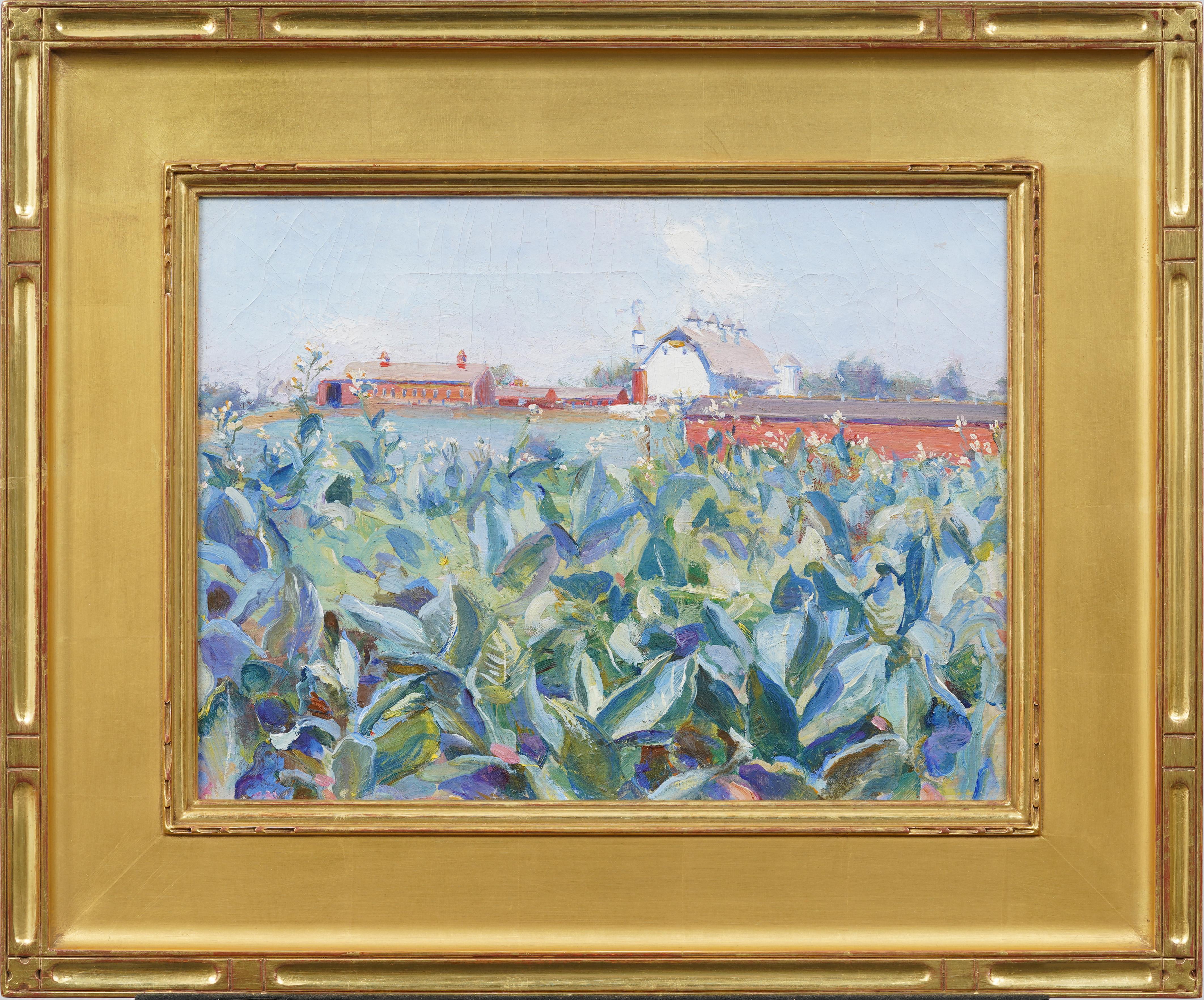 Antico dipinto impressionista americano del sud con cornice dorata, paesaggio agricolo e pittura ad olio - Painting di Unknown