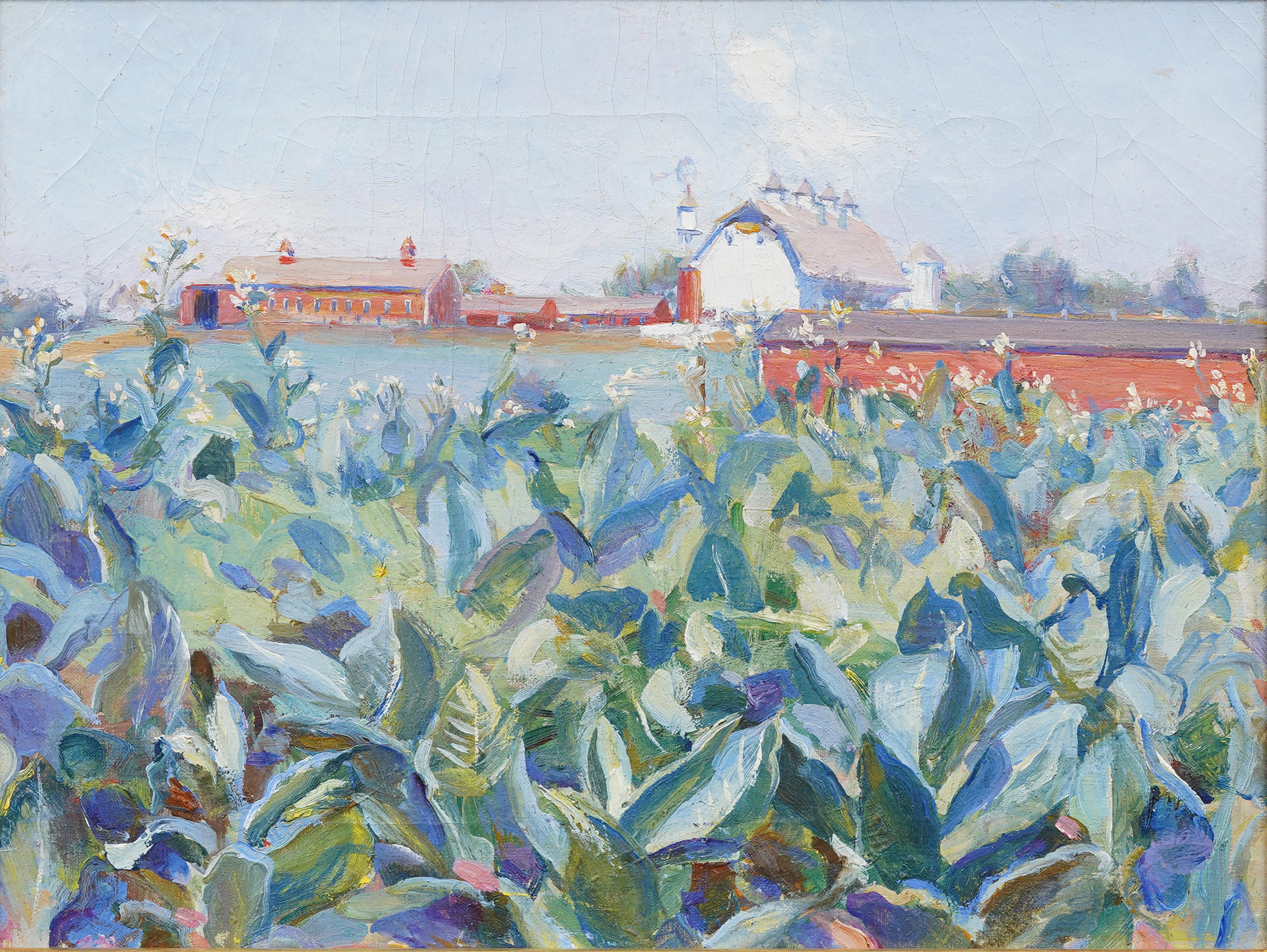 Antico dipinto impressionista americano del sud con cornice dorata, paesaggio agricolo e pittura ad olio - Painting Astratto di Unknown
