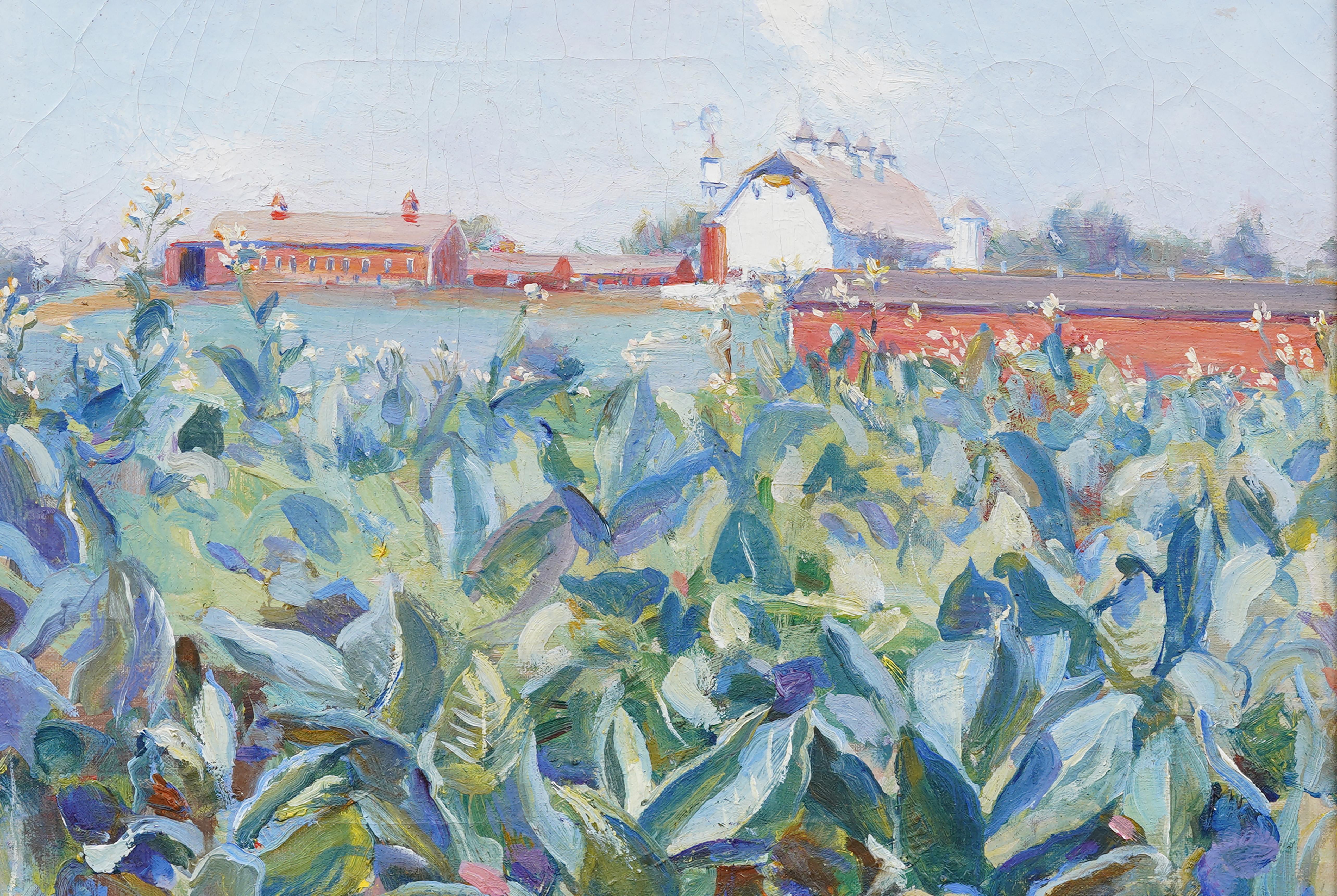 Antico dipinto impressionista americano del sud con cornice dorata, paesaggio agricolo e pittura ad olio - Landscape Painting Marrone di Unknown