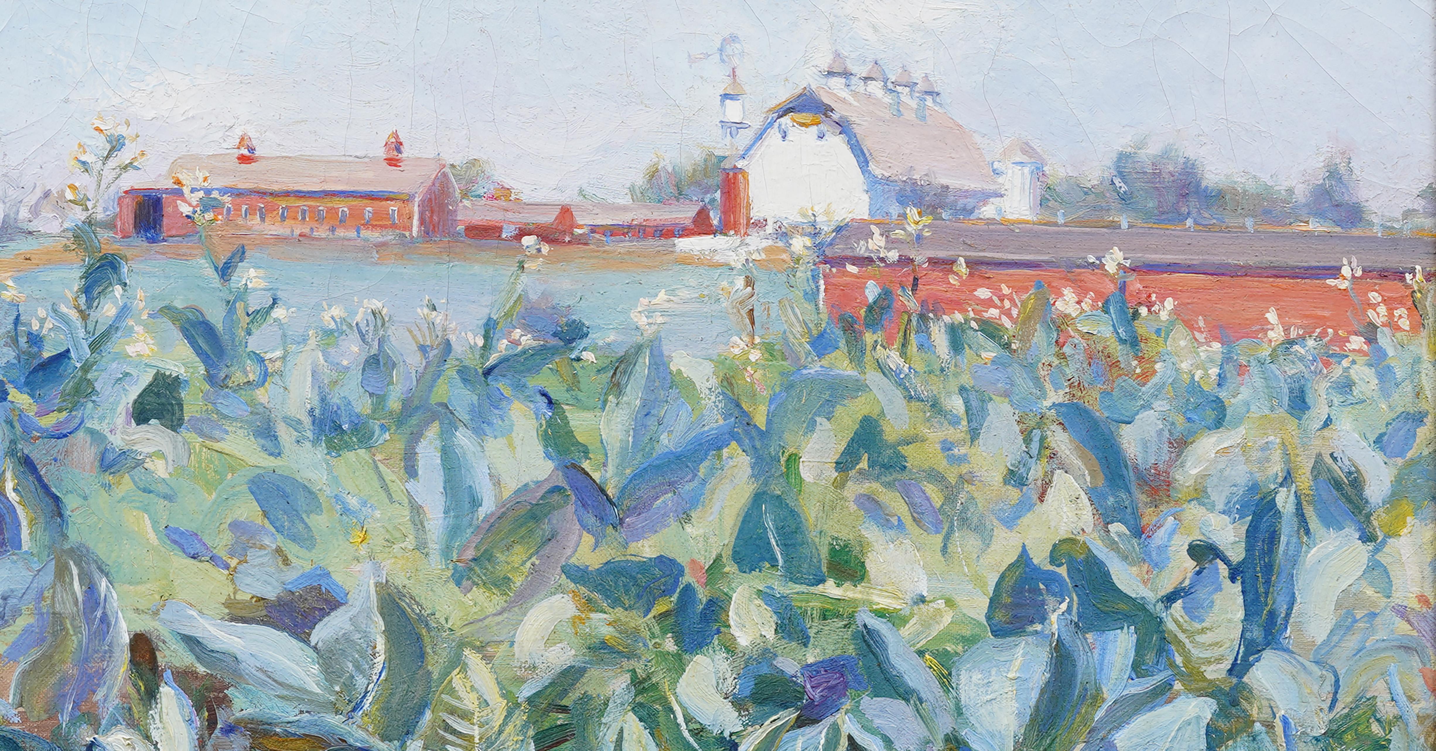 Antico dipinto impressionista americano del sud con cornice dorata, paesaggio agricolo e pittura ad olio in vendita 1
