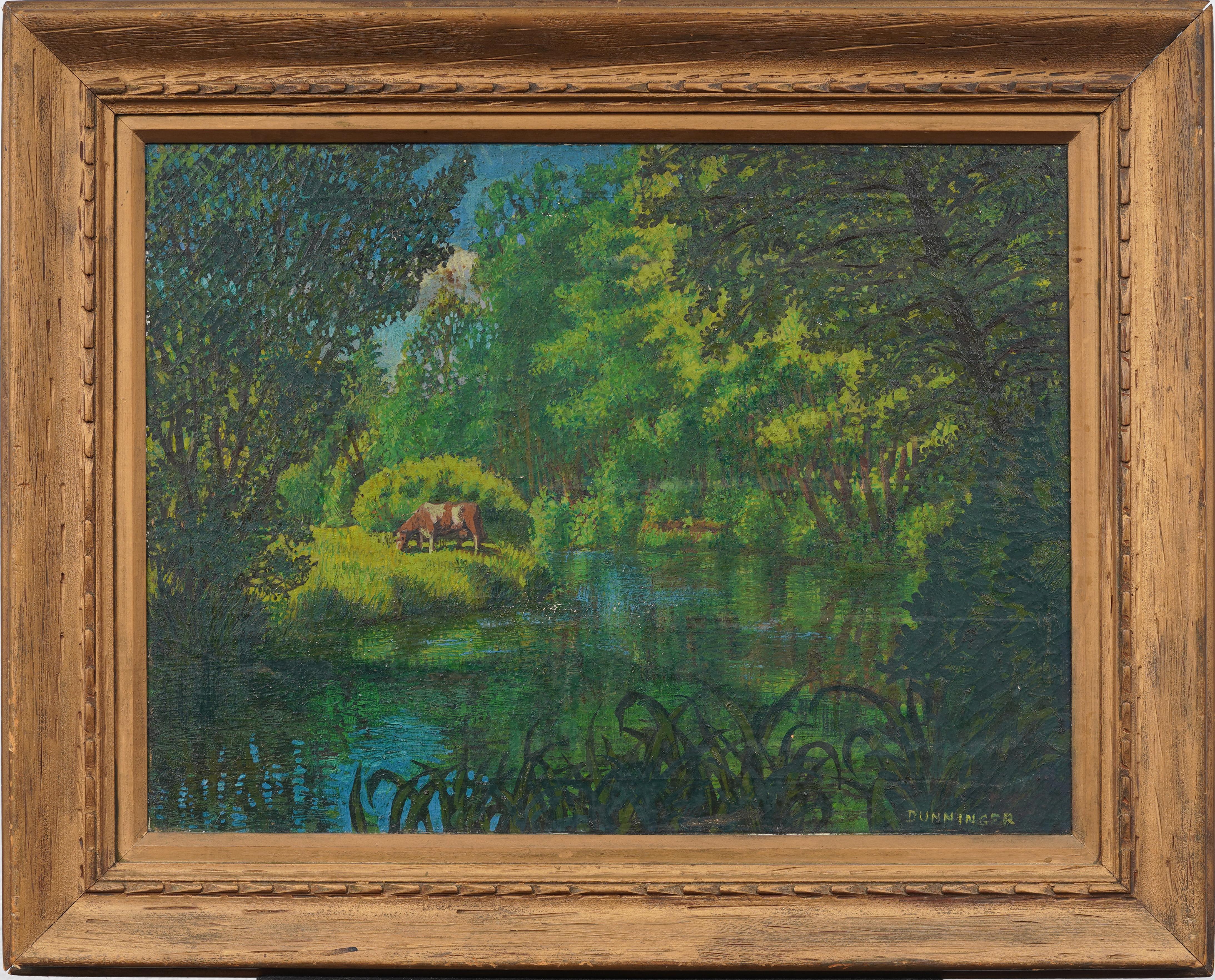 Antico Impressionista americano della Scuola del Sud Paesaggio lussureggiante di mucche al pascolo sul fiume - Painting di Unknown