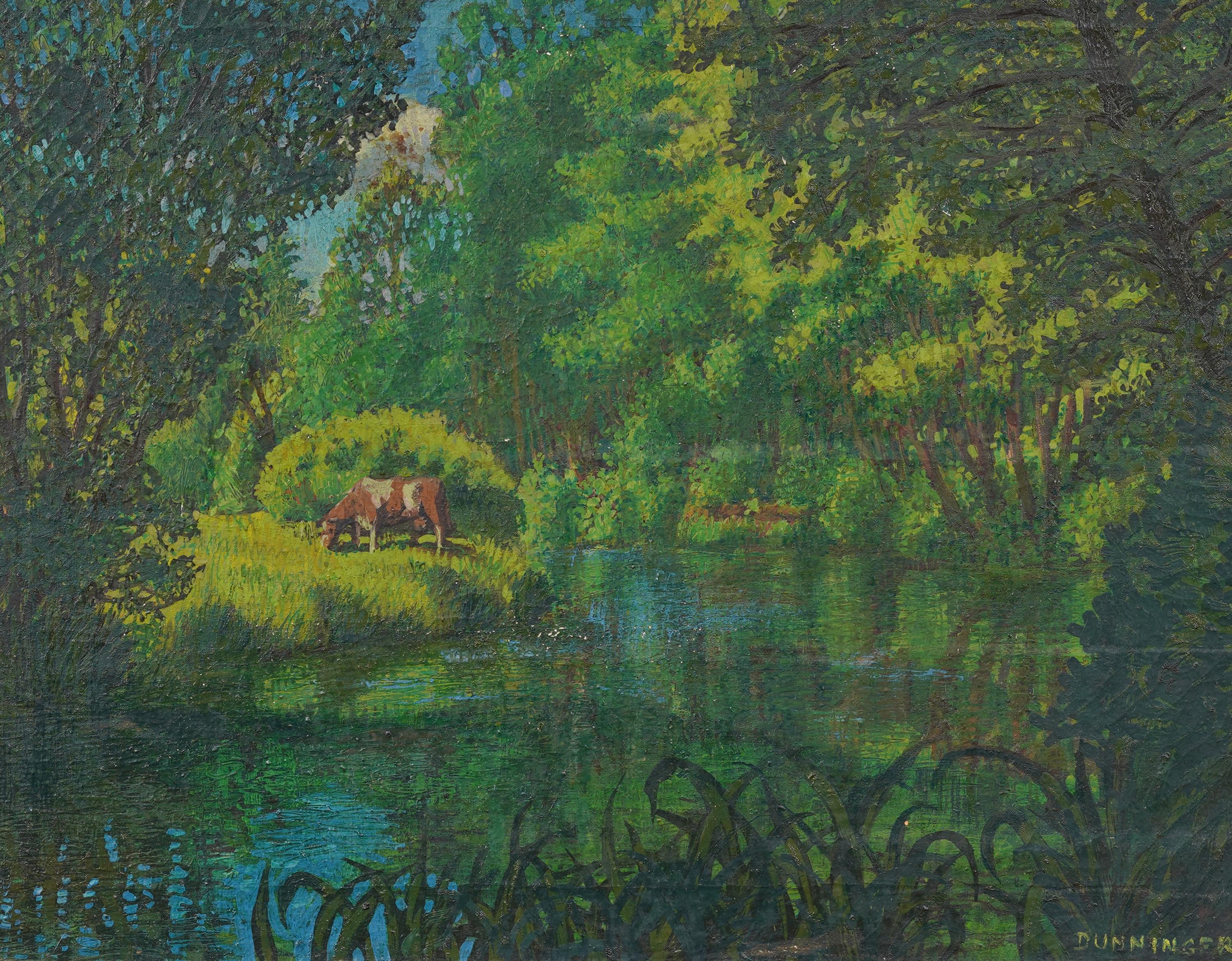 Antico Impressionista americano della Scuola del Sud Paesaggio lussureggiante di mucche al pascolo sul fiume - Landscape Painting Nero di Unknown