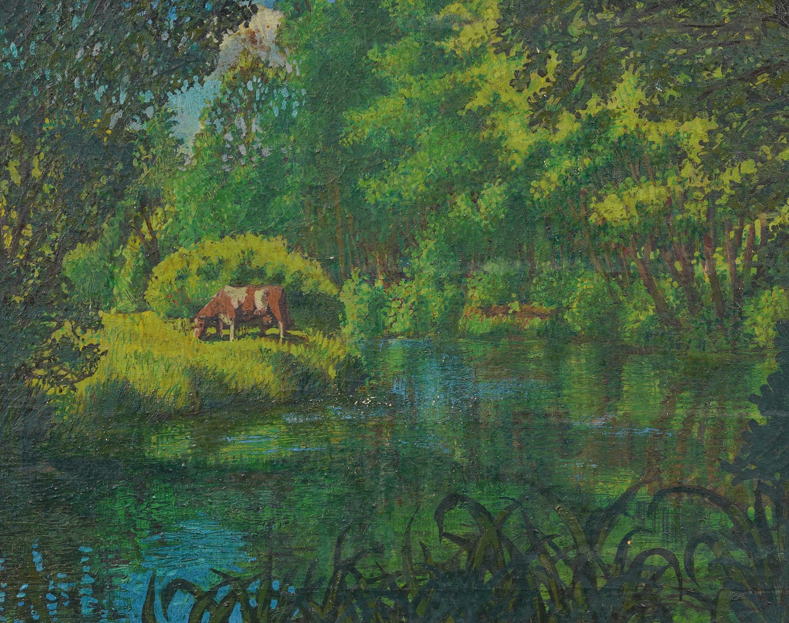 Paesaggio di scuola americana molto rigoglioso e ben dipinto.  Colori vibranti e dettagli in tutta la composizione.  Firmato in basso a sinistra.  Custodito in una cornice d'epoca.  Dimensioni dell'immagine, 18 