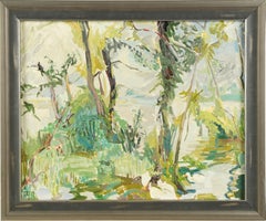 Antique American Impressionist Sparse Tropical Lush Landscape Oil Painting