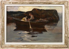 Antique American Impressionist Sporting Art Boston School Fishing Oil Painting