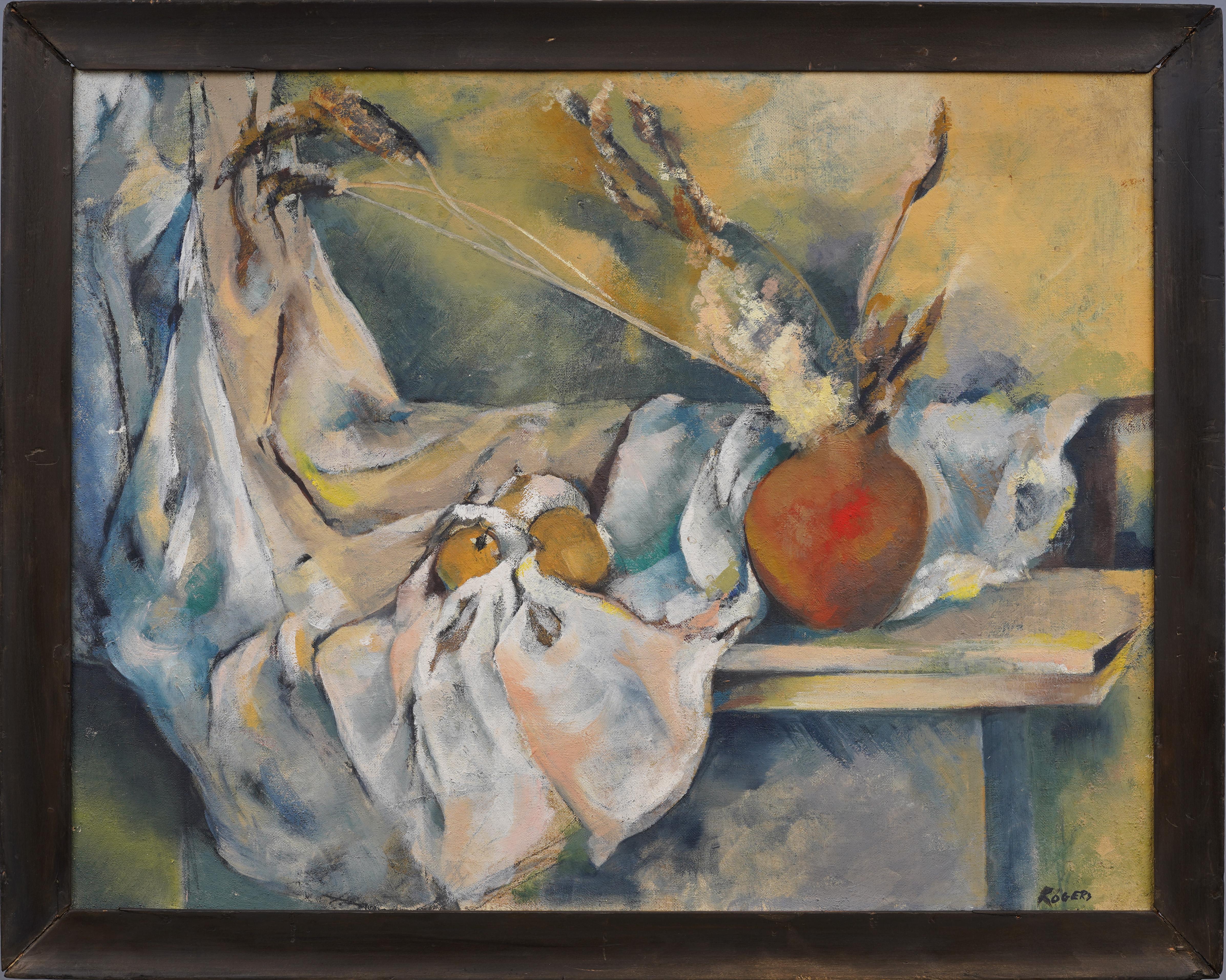 Antikes amerikanisches impressionistisches Stillleben, signiertes gerahmtes kubistisches Ölgemälde – Painting von Unknown