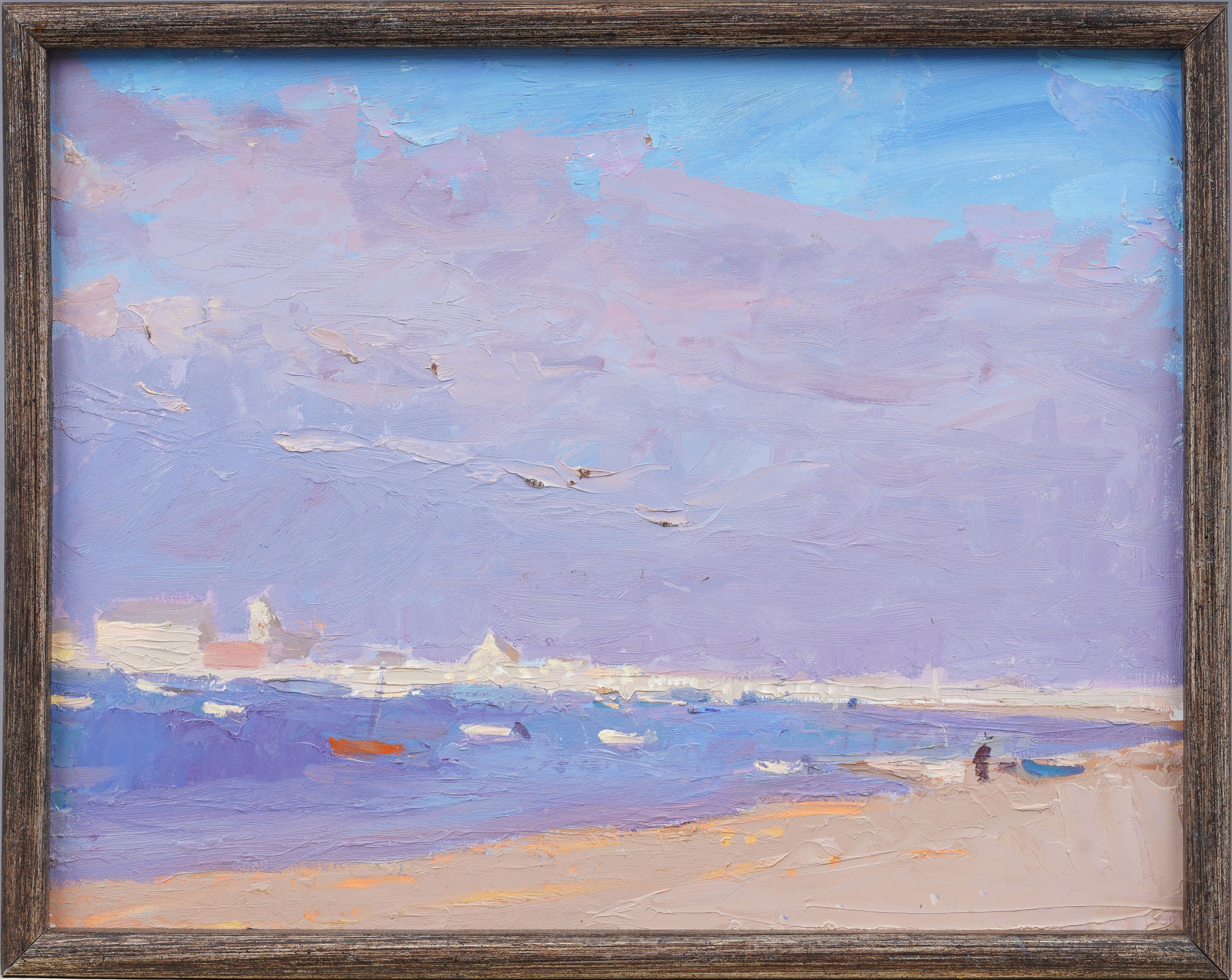 Impressive mid 20th century impressionist beach scene.  Oil on board.  Framed.  No signature found.