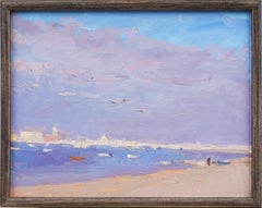 Antico dipinto ad olio con cornice, scena di spiaggia estiva impressionista americana