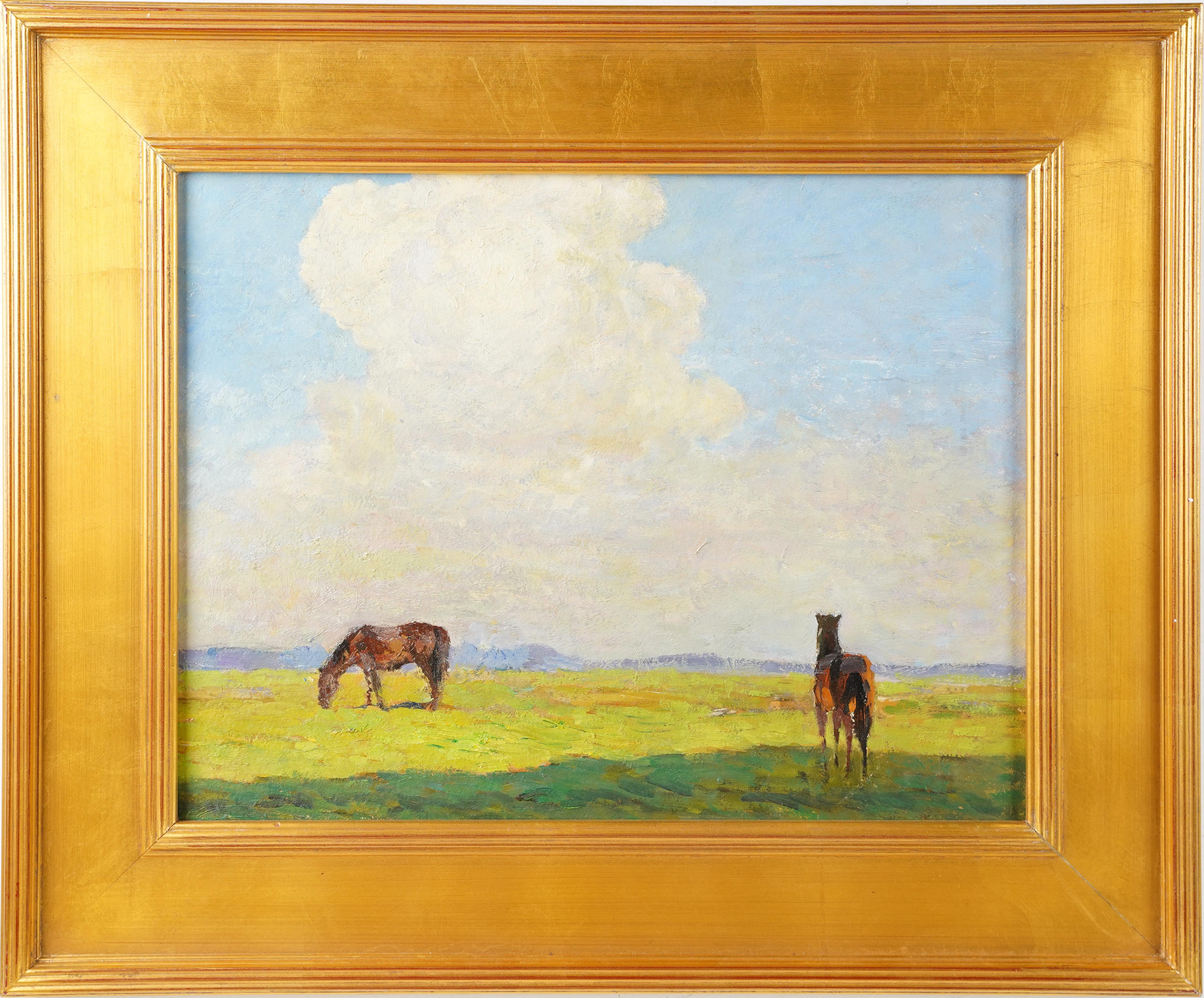 Antique American Impressionist Summer Horse Grazing Landscape Oil Painting - Orange Landscape Painting by Unknown