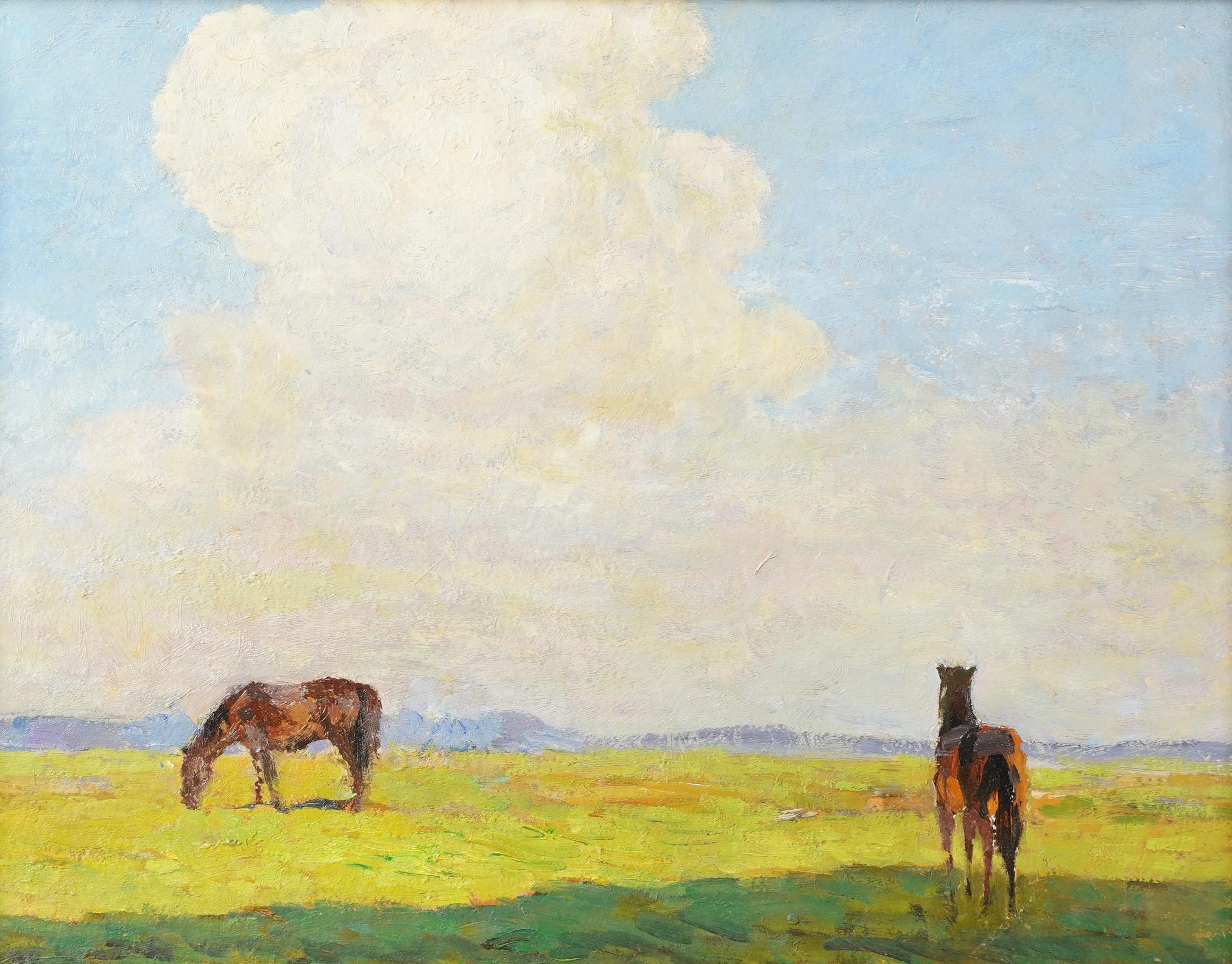Antique American Impressionist Summer Horse Grazing Landscape Oil Painting 1