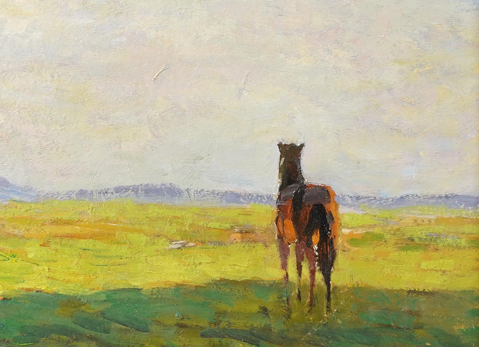 Antique American Impressionist Summer Horse Grazing Landscape Oil Painting 2