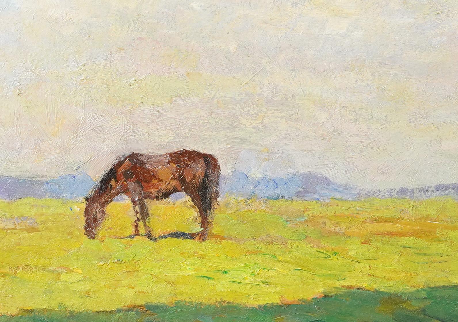 Antique American Impressionist Summer Horse Grazing Landscape Oil Painting 3