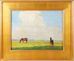 Antique American Impressionist Summer Horse Grazing Landscape Oil Painting