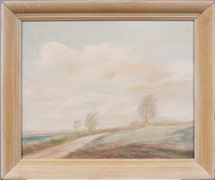 Peinture à l'huile impressionniste américaine ancienne, scène de lac avec fleurs sauvages en été, encadrée