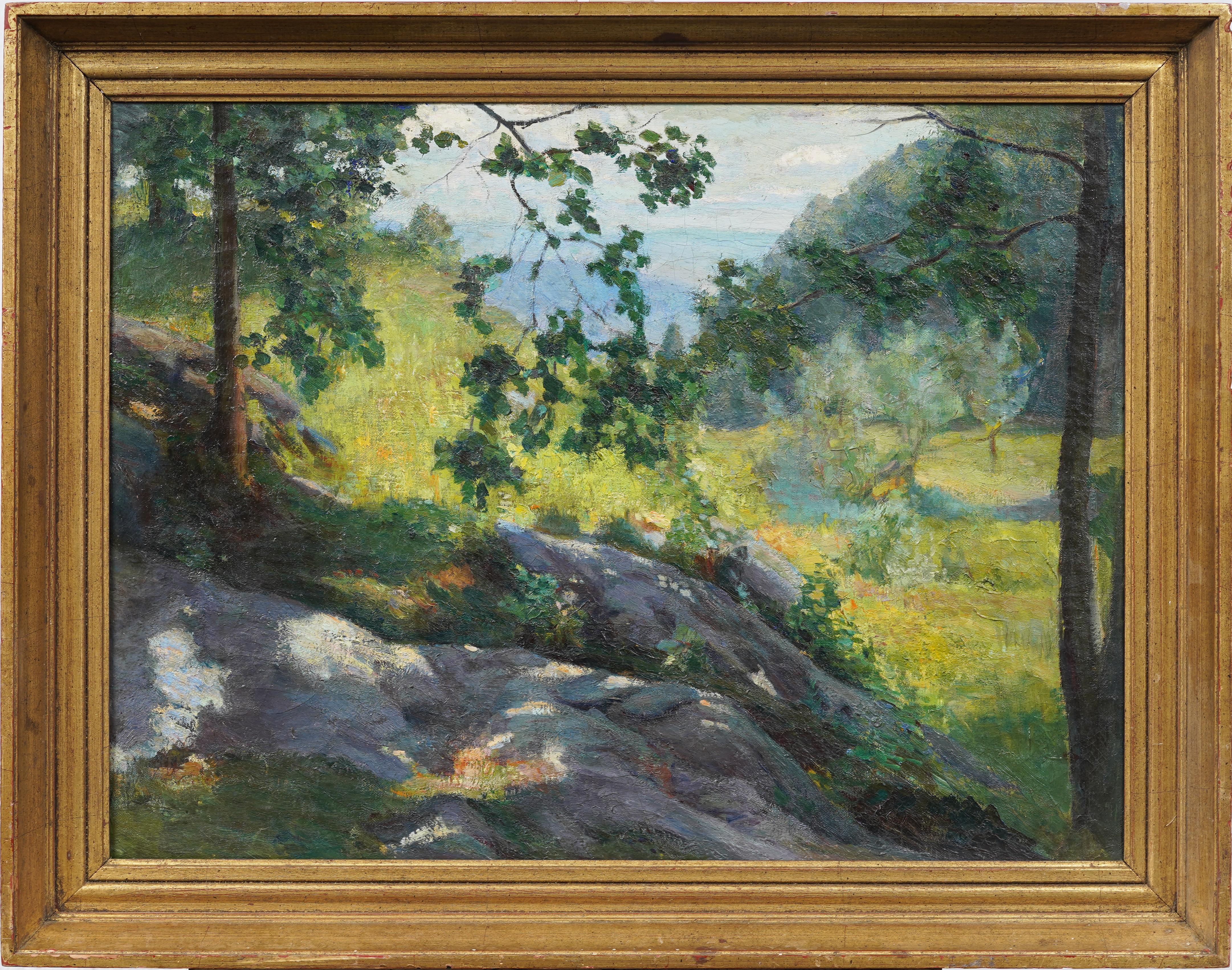 Antico dipinto ad olio con cornice dell'impressionista americano 