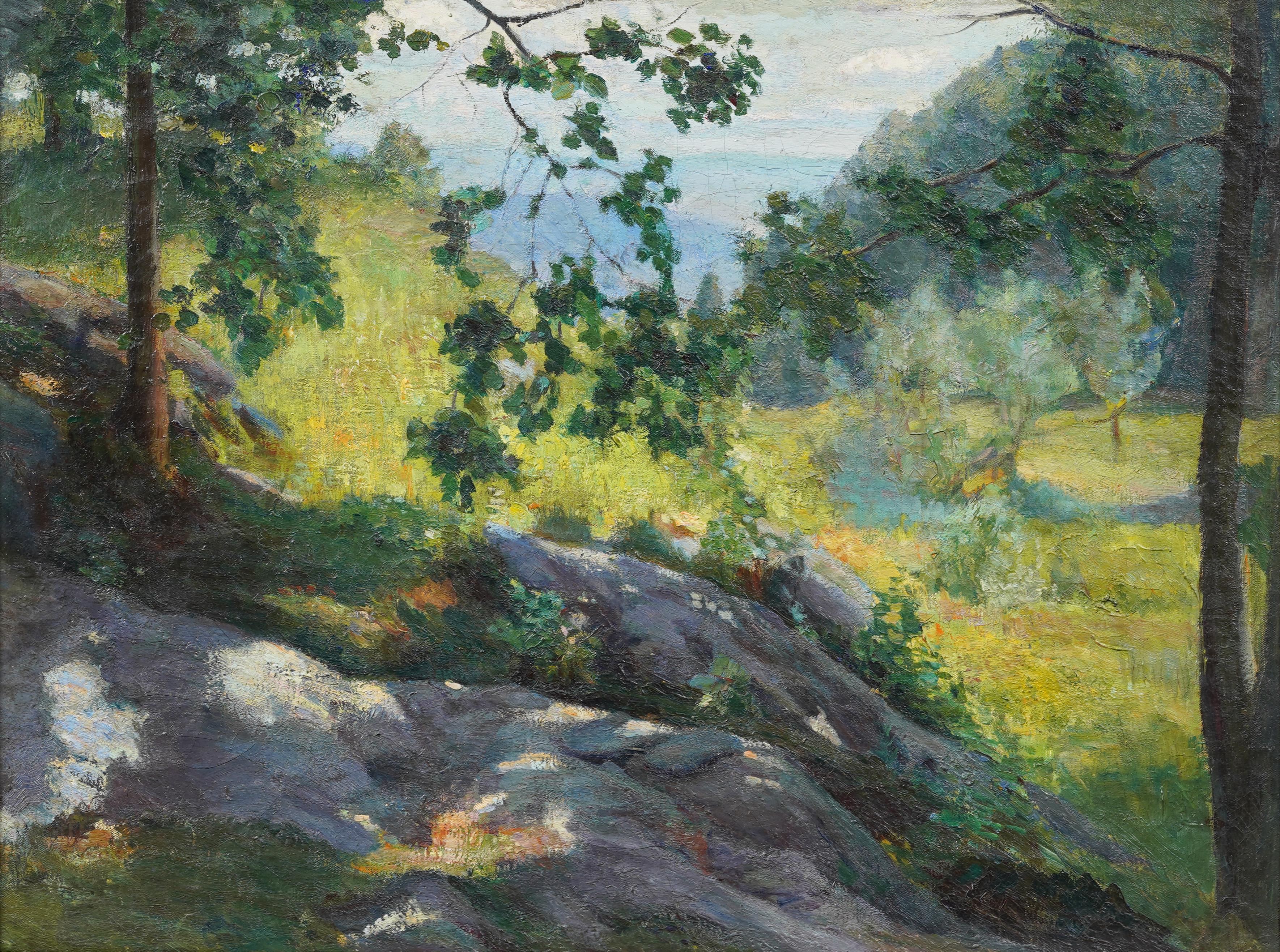 Antico dipinto ad olio con cornice dell'impressionista americano 