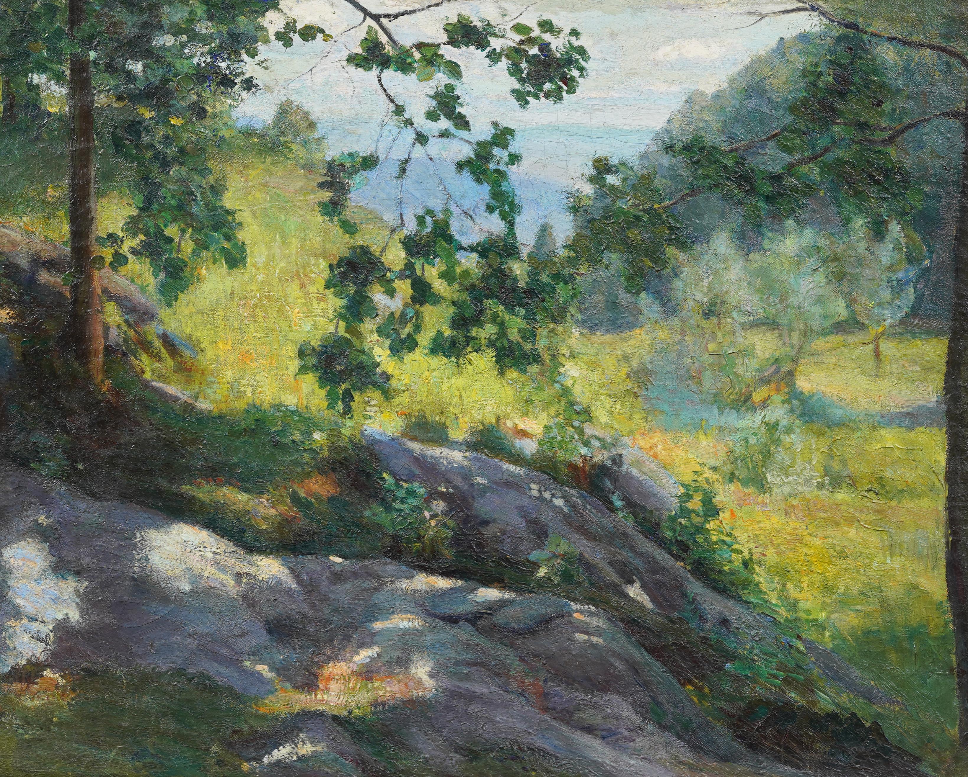 Antico dipinto ad olio con cornice dell'impressionista americano 
