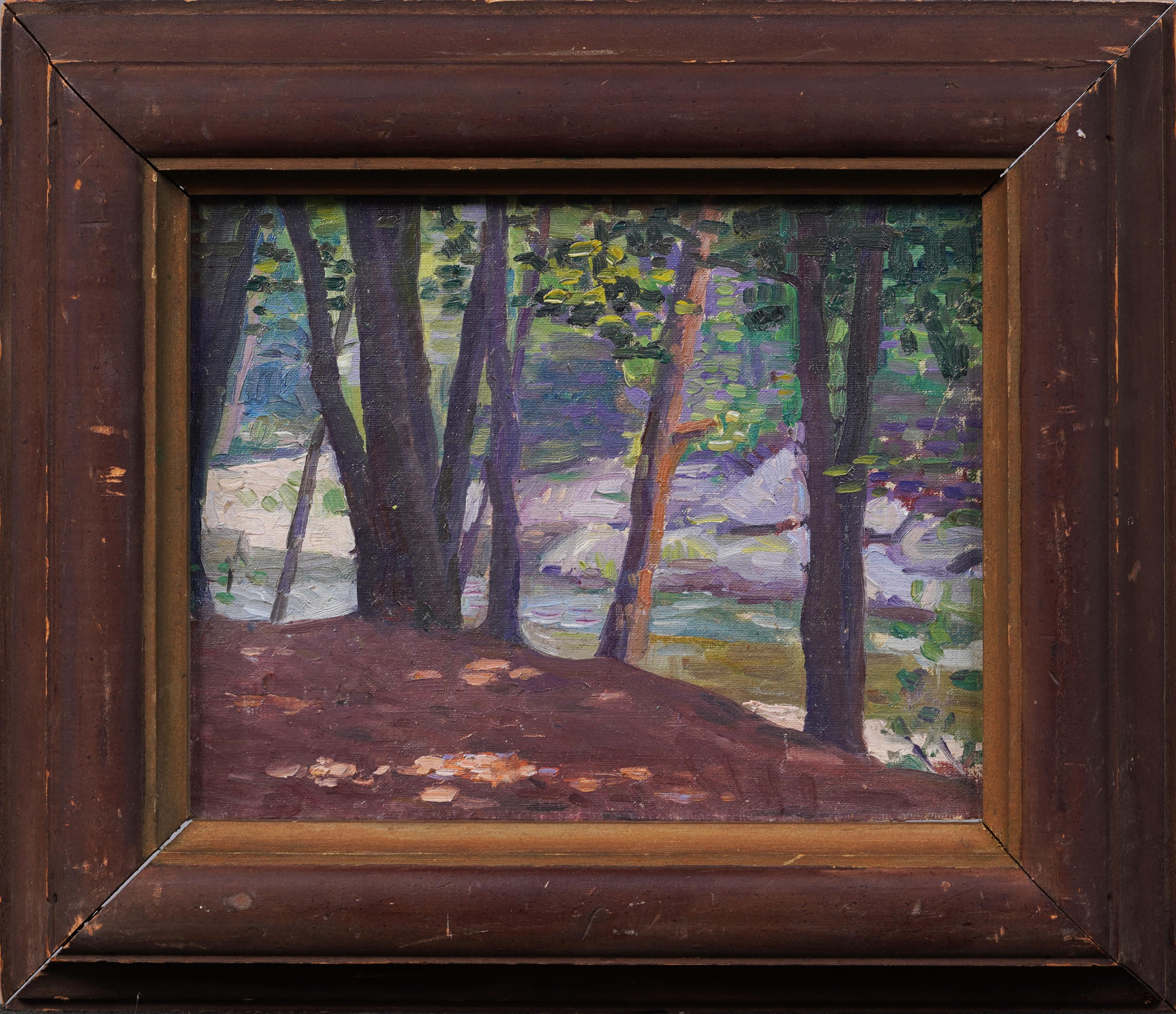 Antico dipinto ad olio di paesaggio impressionista americano, con cornice, con sentiero nella foresta illuminata dal sole - Painting di Unknown