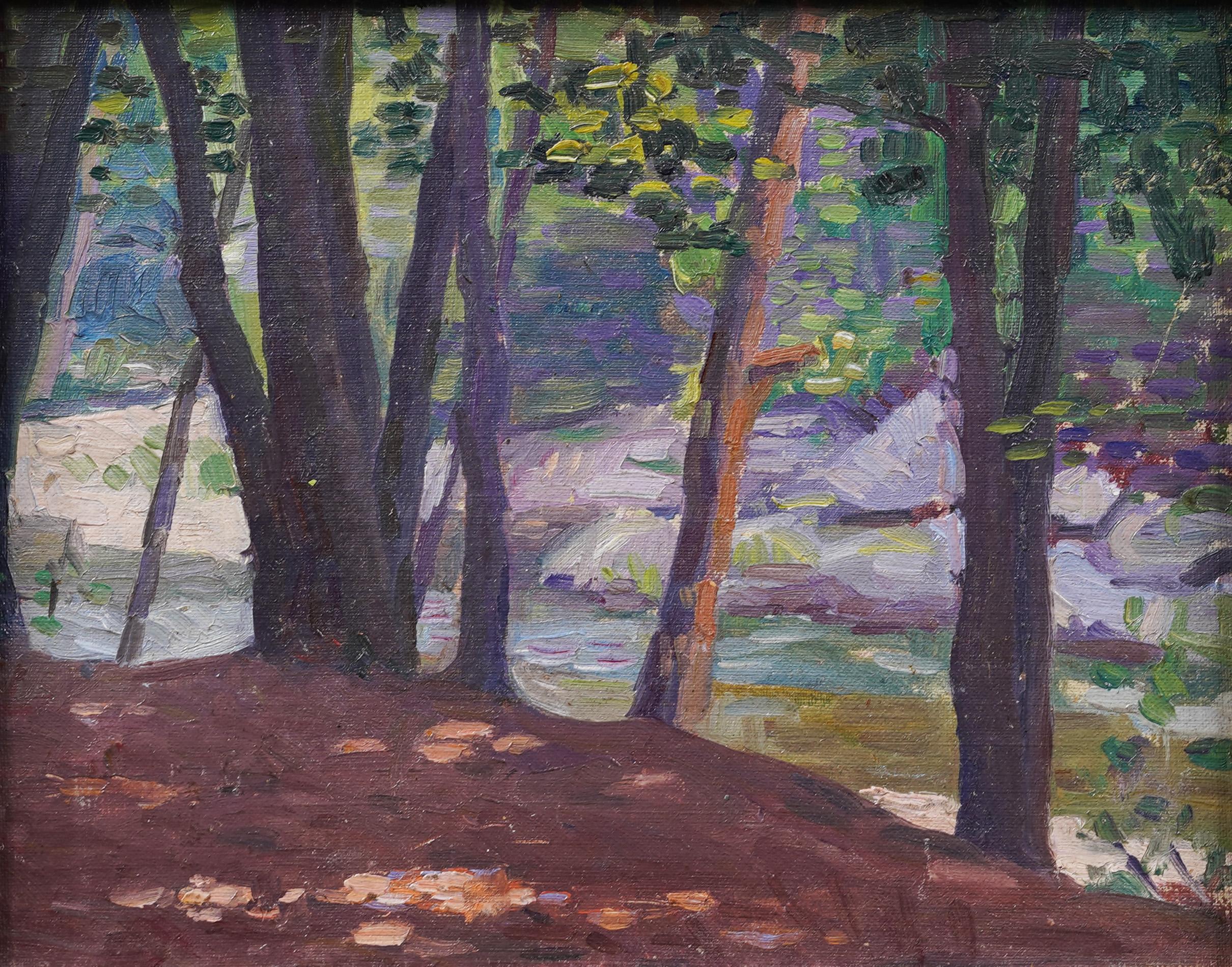 Antico dipinto ad olio di paesaggio impressionista americano, con cornice, con sentiero nella foresta illuminata dal sole - Painting Impressionismo di Unknown