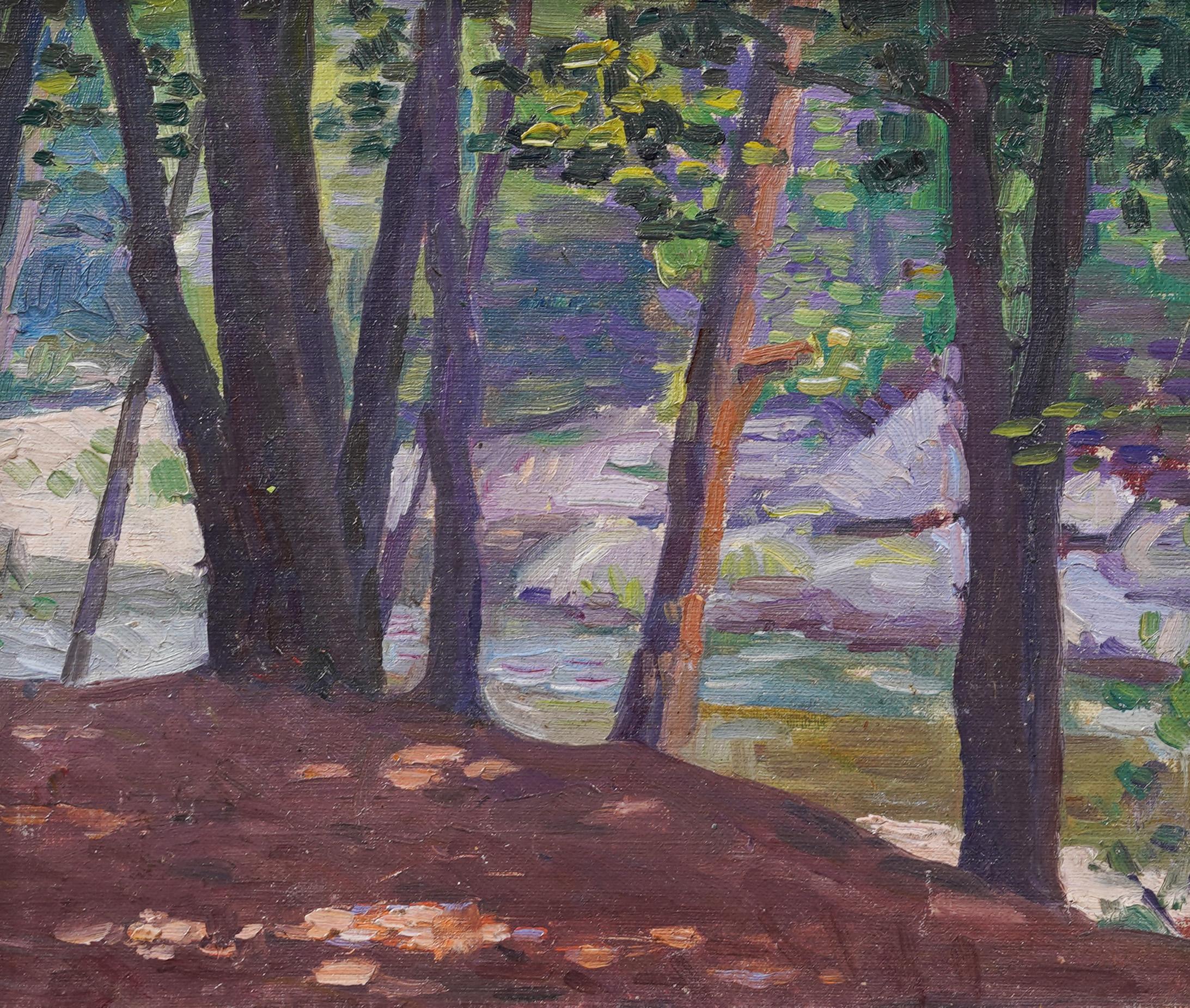 Antico dipinto ad olio di paesaggio impressionista americano, con cornice, con sentiero nella foresta illuminata dal sole - Landscape Painting Nero di Unknown