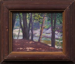 Antico dipinto ad olio di paesaggio impressionista americano, con cornice, con sentiero nella foresta illuminata dal sole