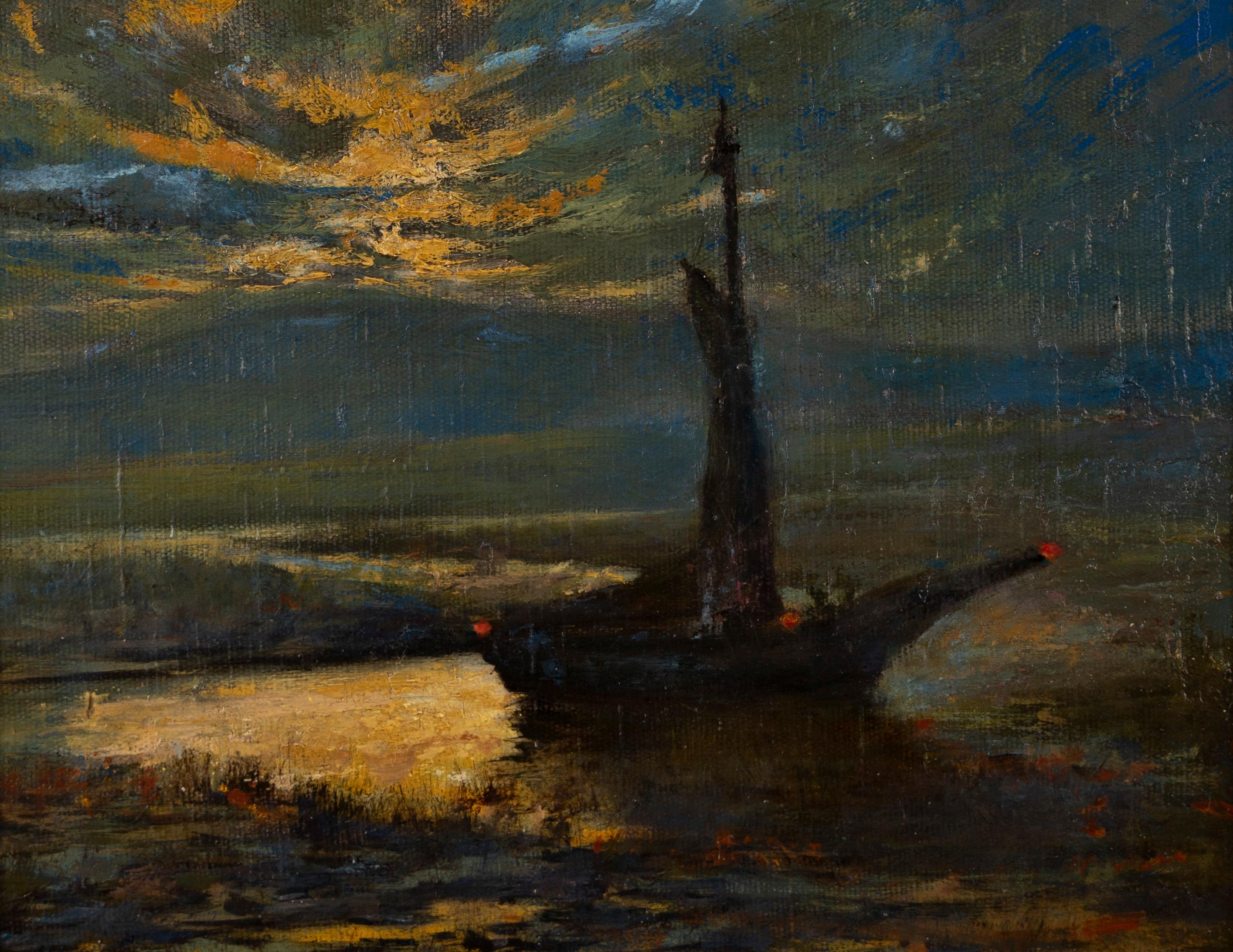Antique American Impressionist Sunset Sailboat Luminous Nocturnal Oil Painting  - Brown Landscape Painting by Unknown
