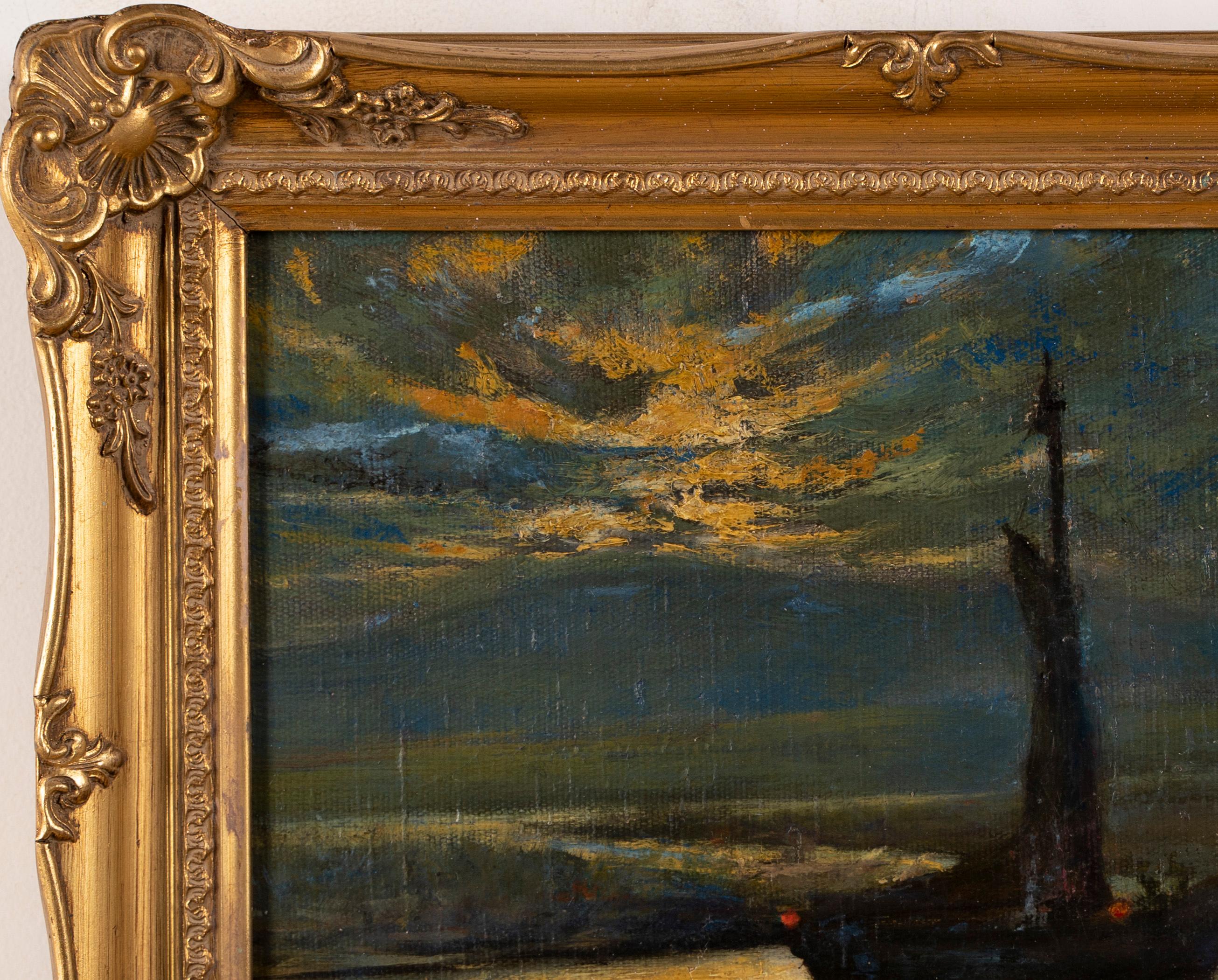 Antique American Impressionist Sunset Sailboat Luminous Nocturnal Oil Painting  1