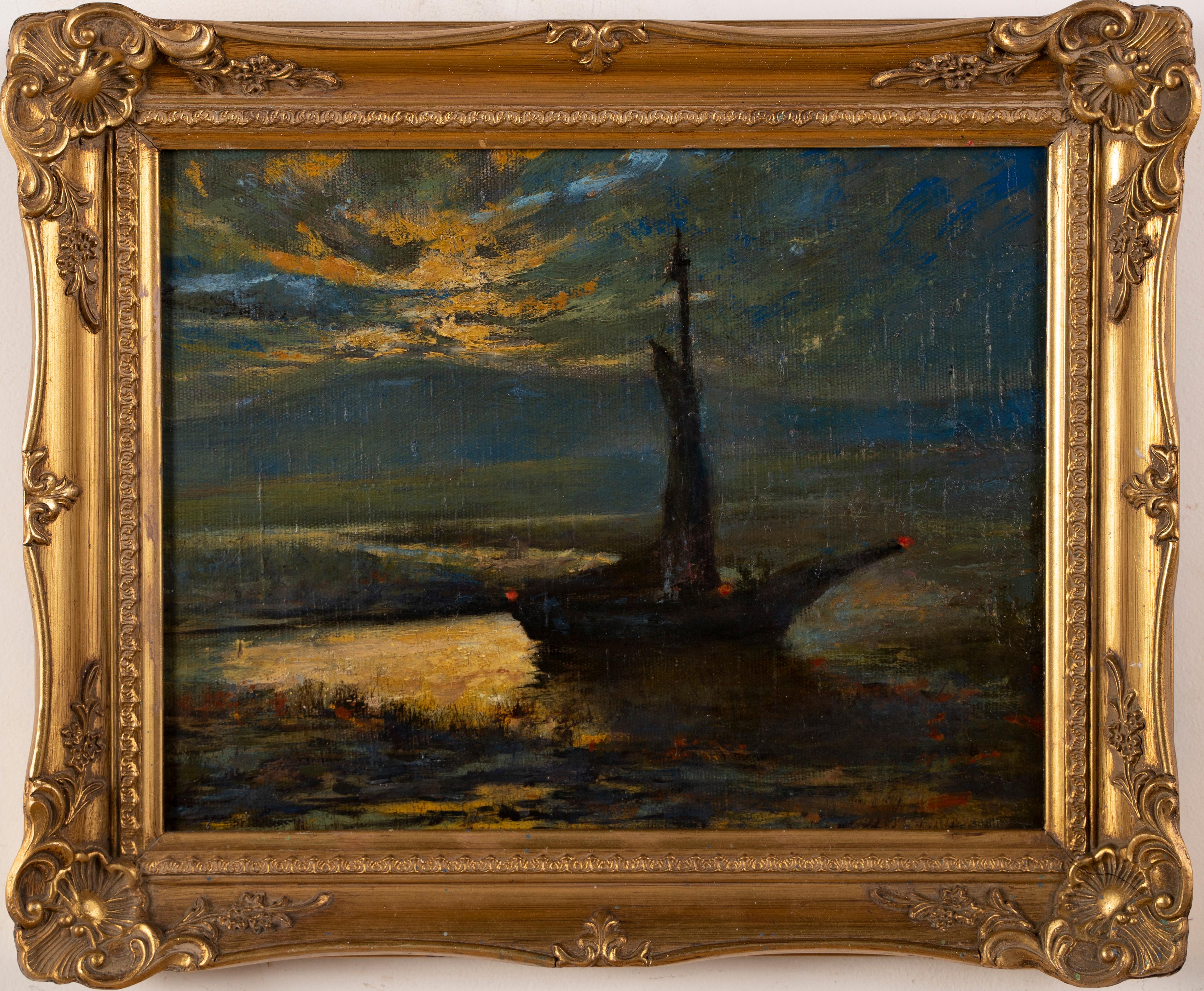 Antique American Impressionist Sunset Sailboat Luminous Nocturnal Oil Painting 