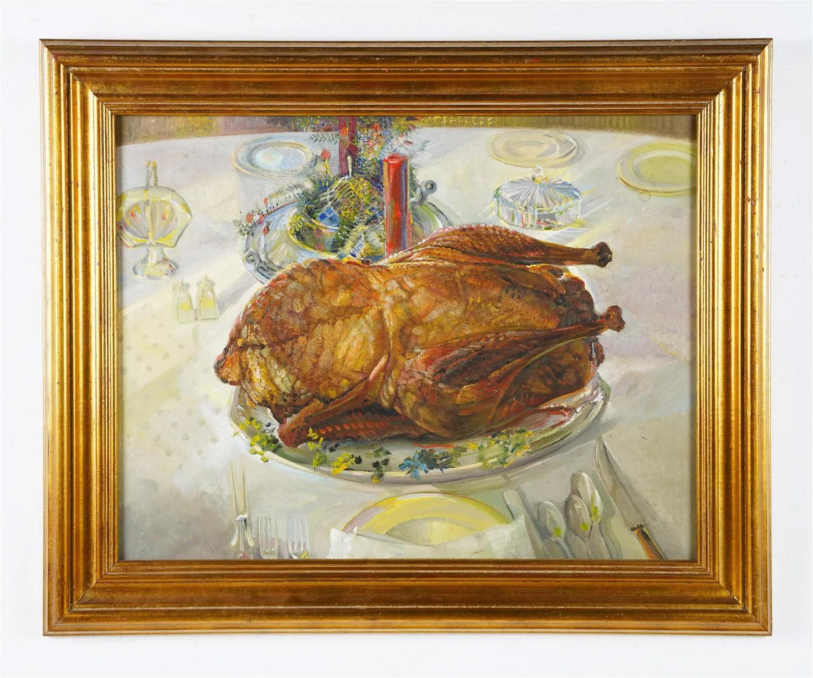 Antikes amerikanisches impressionistisches Stillleben, Thanksgiving Turkey Dinner, Stillleben (Impressionismus), Painting, von Unknown