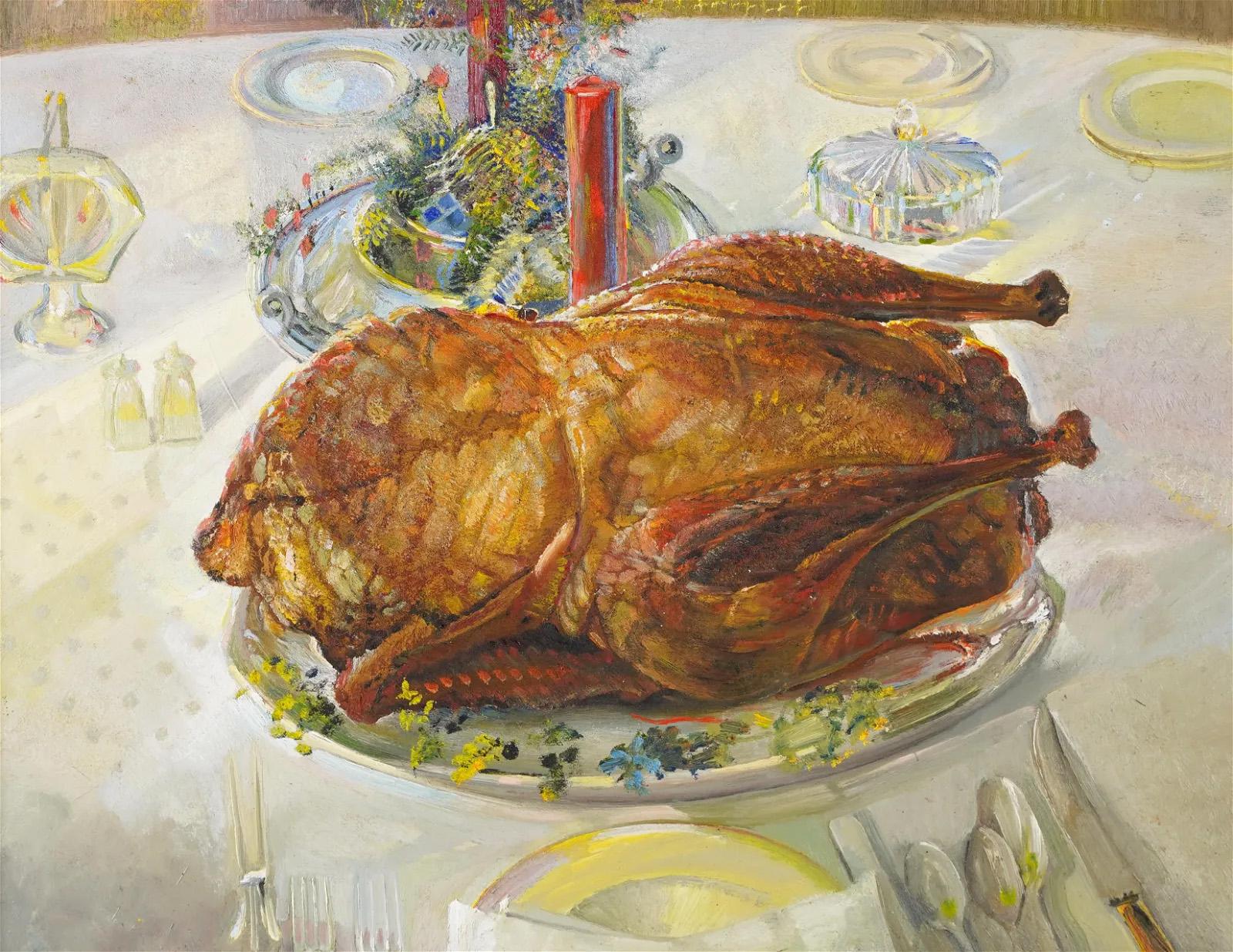 Antique American Impressionist Thanksgiving Turkey Dinner Still Life Painting For Sale 1