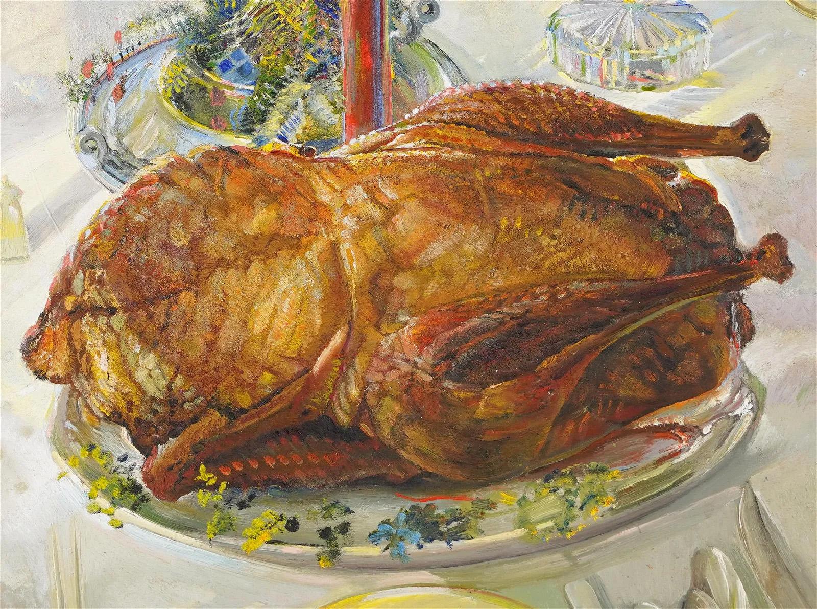 Antique American Impressionist Thanksgiving Turkey Dinner Still Life Painting For Sale 2