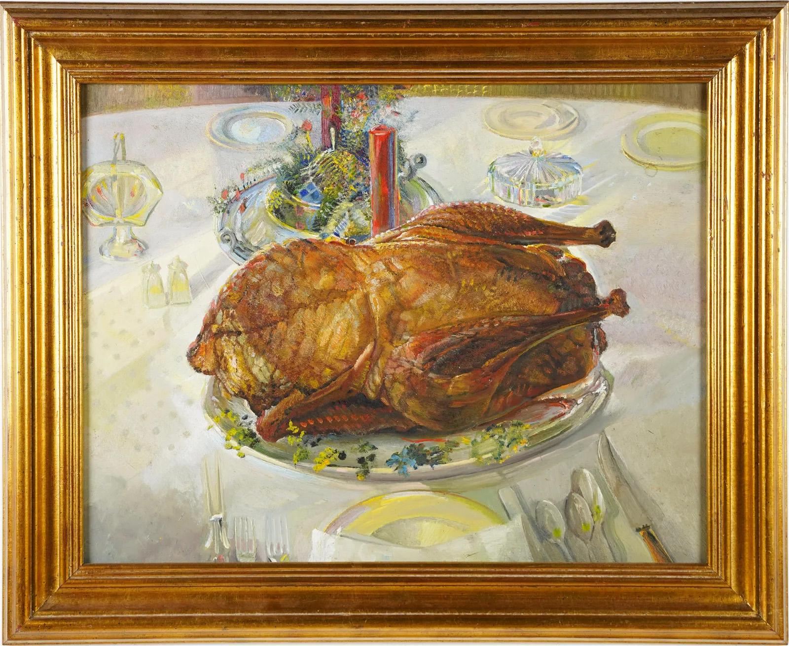 Antikes amerikanisches impressionistisches Stillleben, Thanksgiving Turkey Dinner, Stillleben