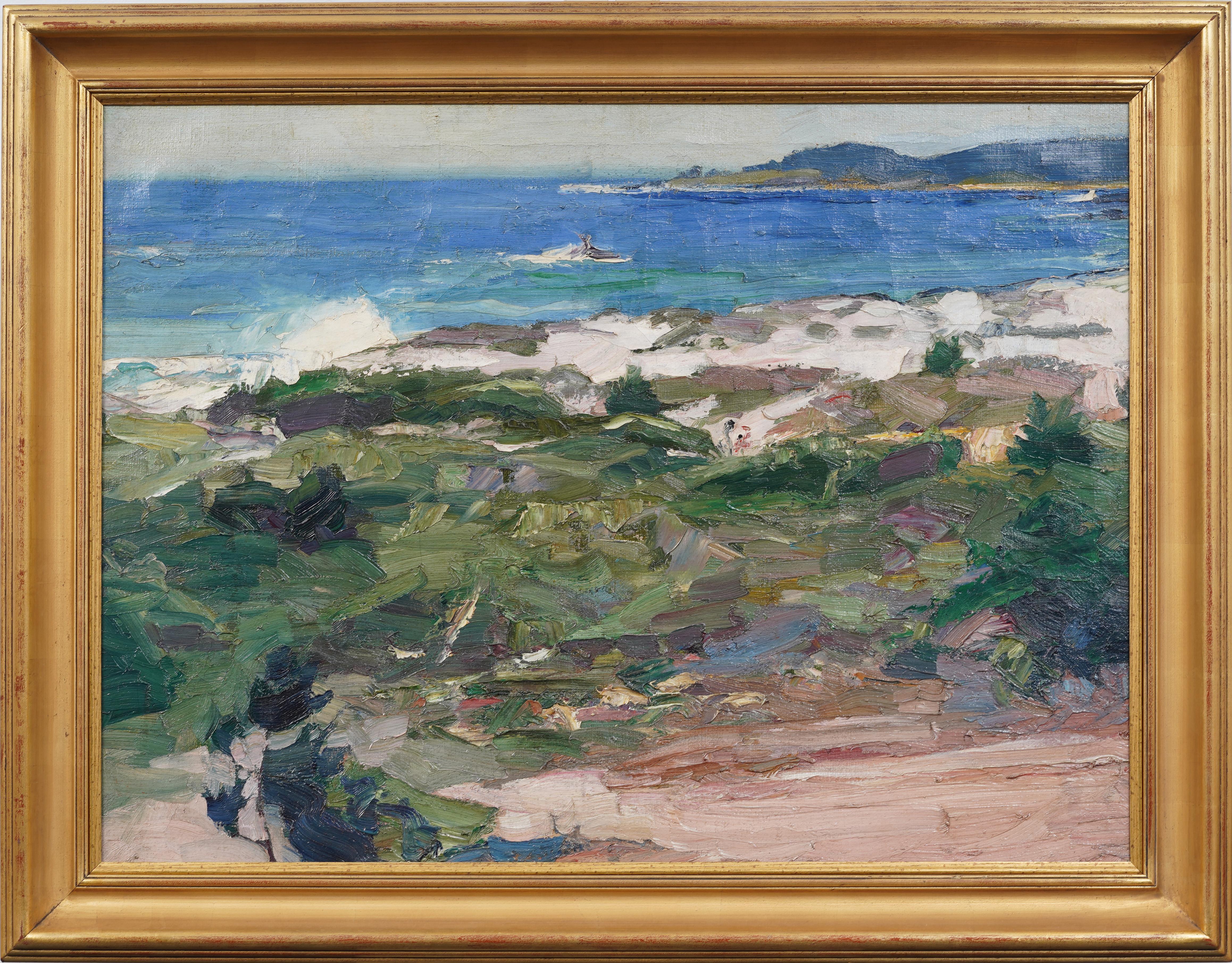 Antico dipinto a olio di paesaggio marino incorniciato, impressionista americano, con spessore dell'impasto - Painting di Unknown