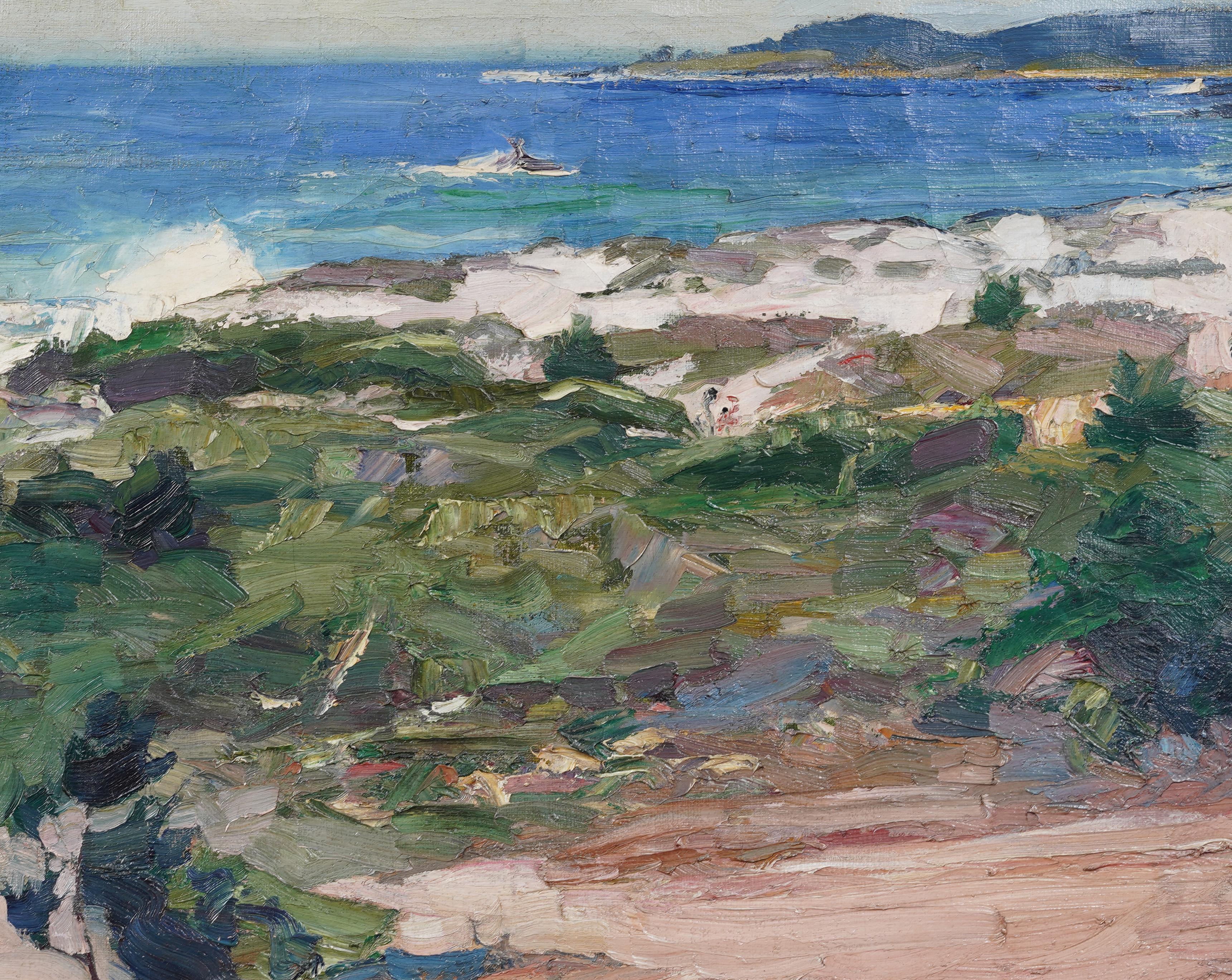 Antico dipinto a olio di paesaggio marino incorniciato, impressionista americano, con spessore dell'impasto - Landscape Painting Marrone di Unknown