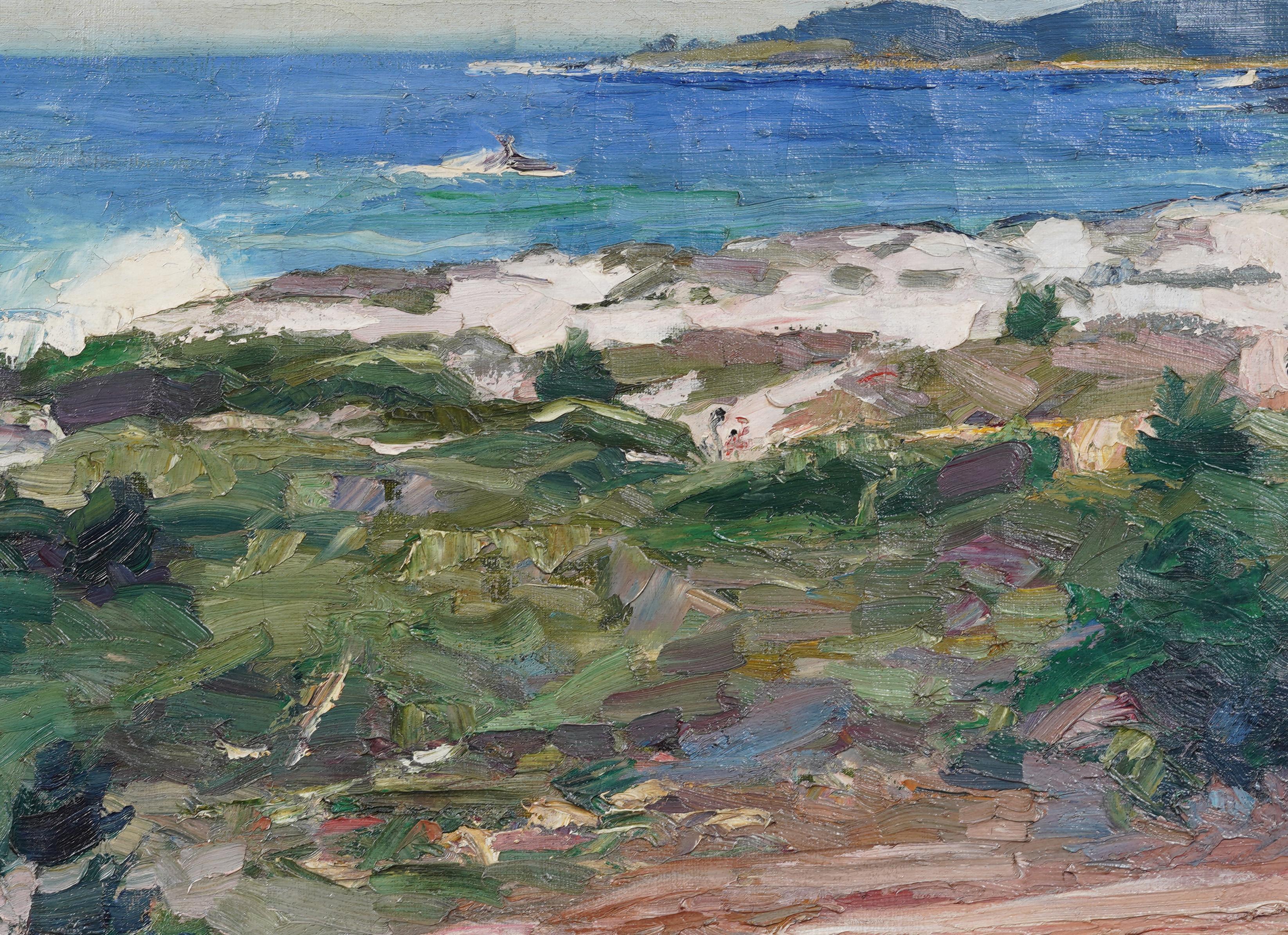 Antico dipinto impressionista americano di paesaggio marino costiero.  Olio su tela.  In eccellenti condizioni originali.  Splendidamente incorniciato da una modanatura in legno dorato.  In condizioni eccellenti, pronto per essere appeso e goduto. 