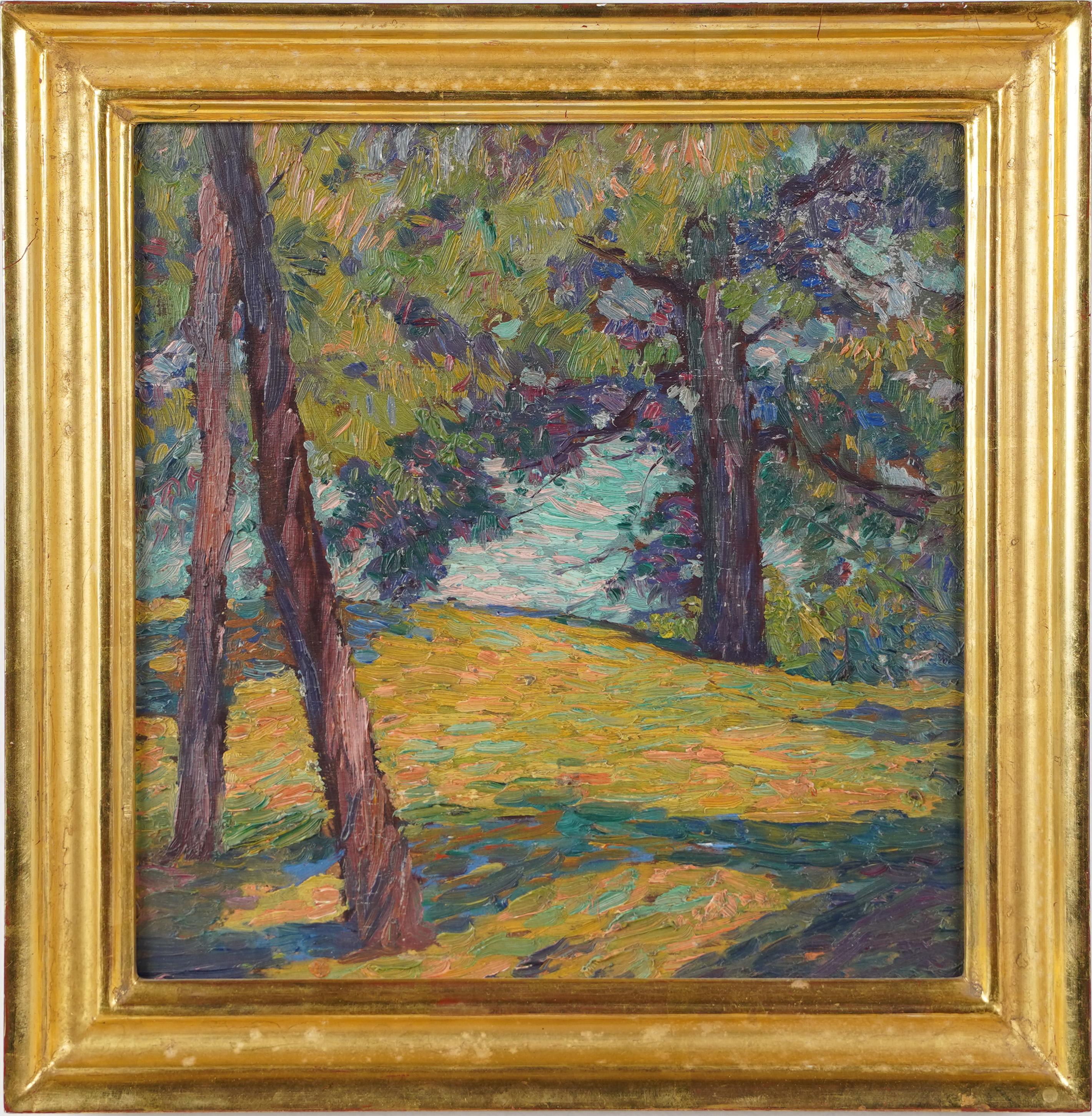 Antique American impressionist landscape oil painting. Oil on board, circa 1920.  Housed in a giltwood frame.   Image size, 10L x 11H.  Signed.
