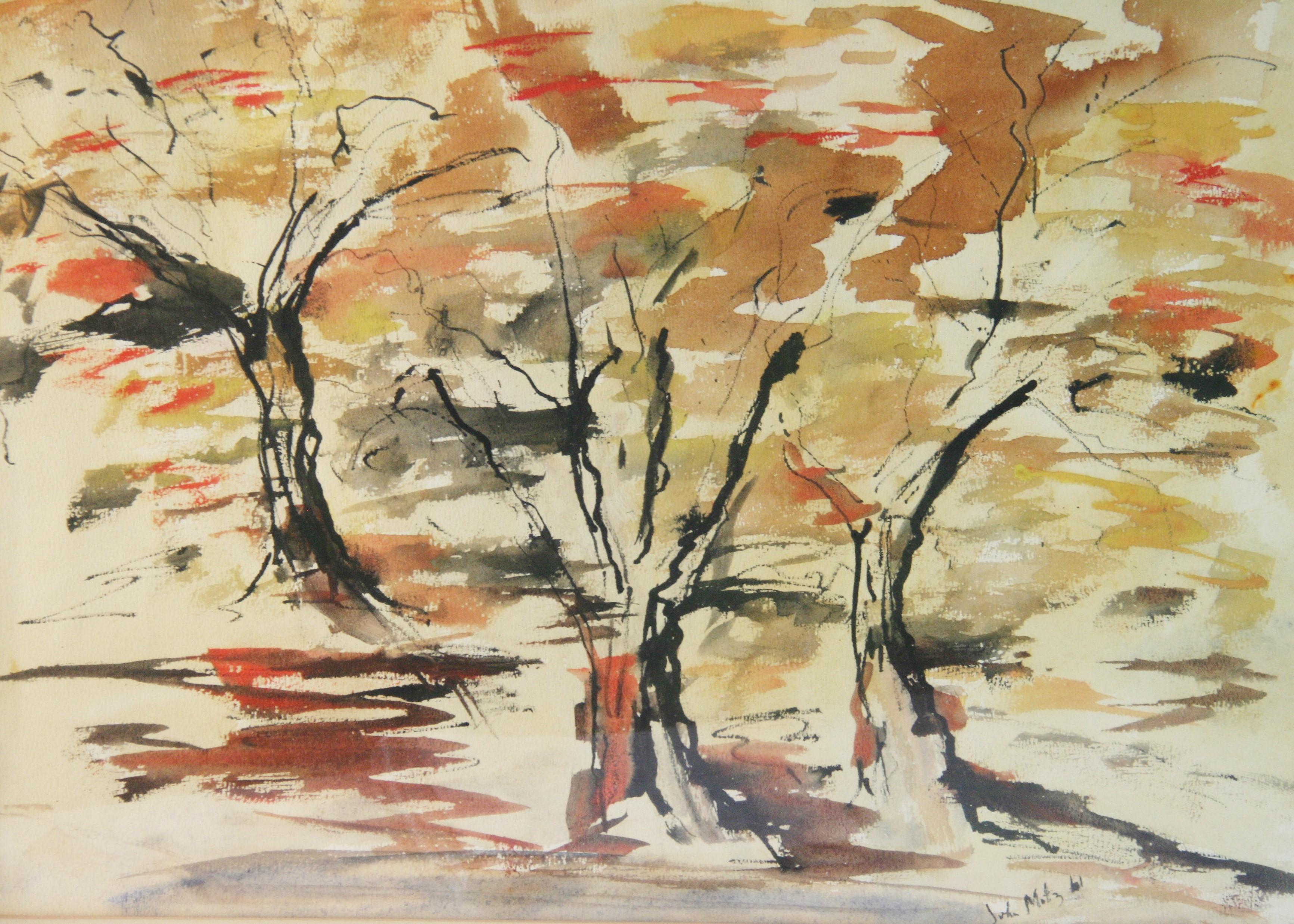 Árboles impresionistas americanos antiguos de John Motz 61 - Landscape Painting Marrón de Unknown