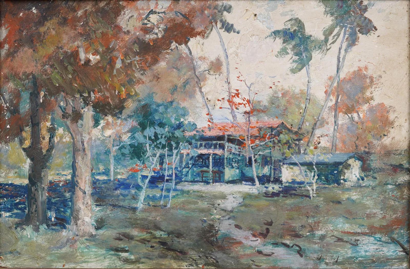 Antiguo cuadro impresionista americano Paisaje hawaiano de playa tropical - Painting Impresionista de Unknown