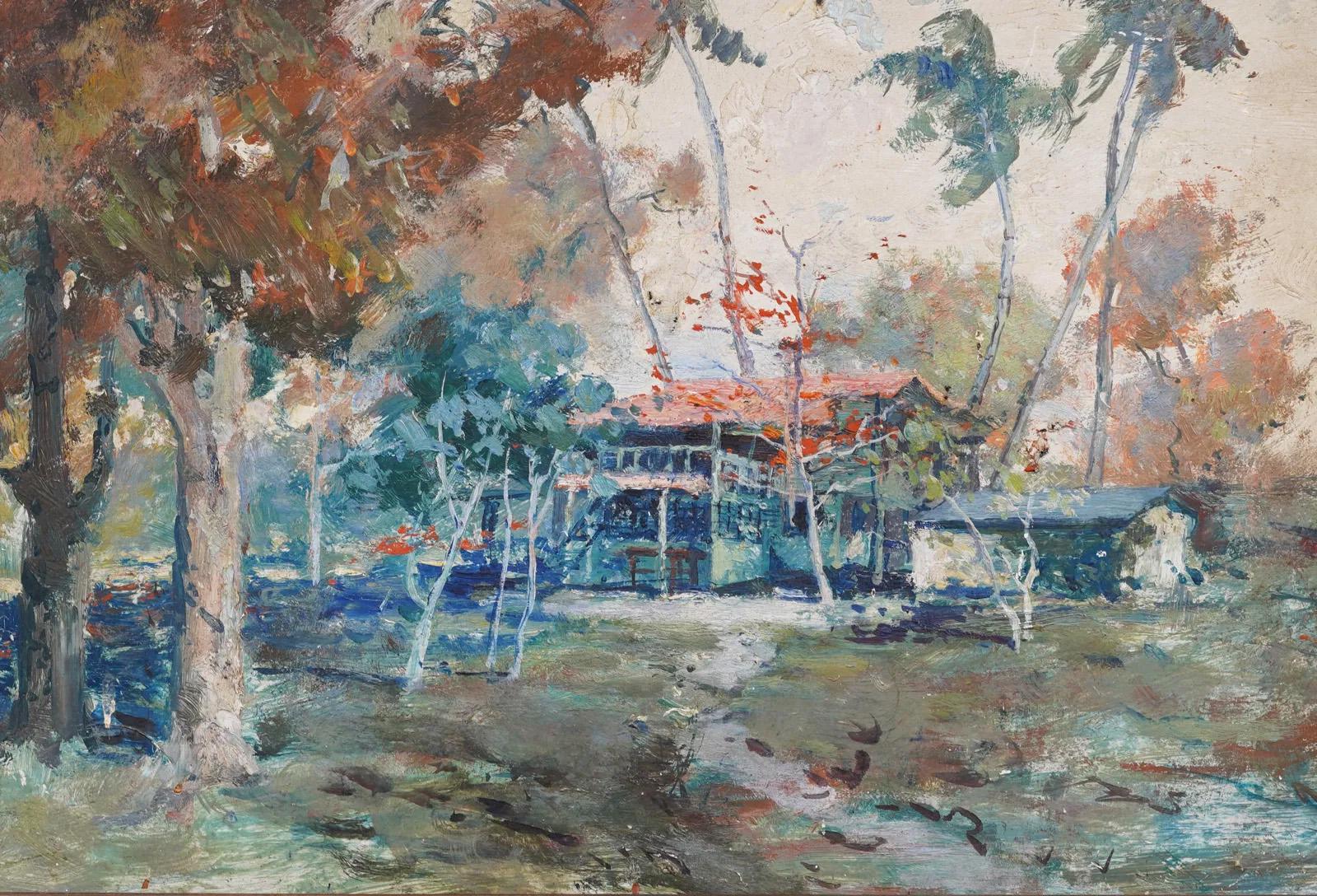 Antiguo cuadro impresionista americano Paisaje hawaiano de playa tropical - Abstract Painting Gris de Unknown
