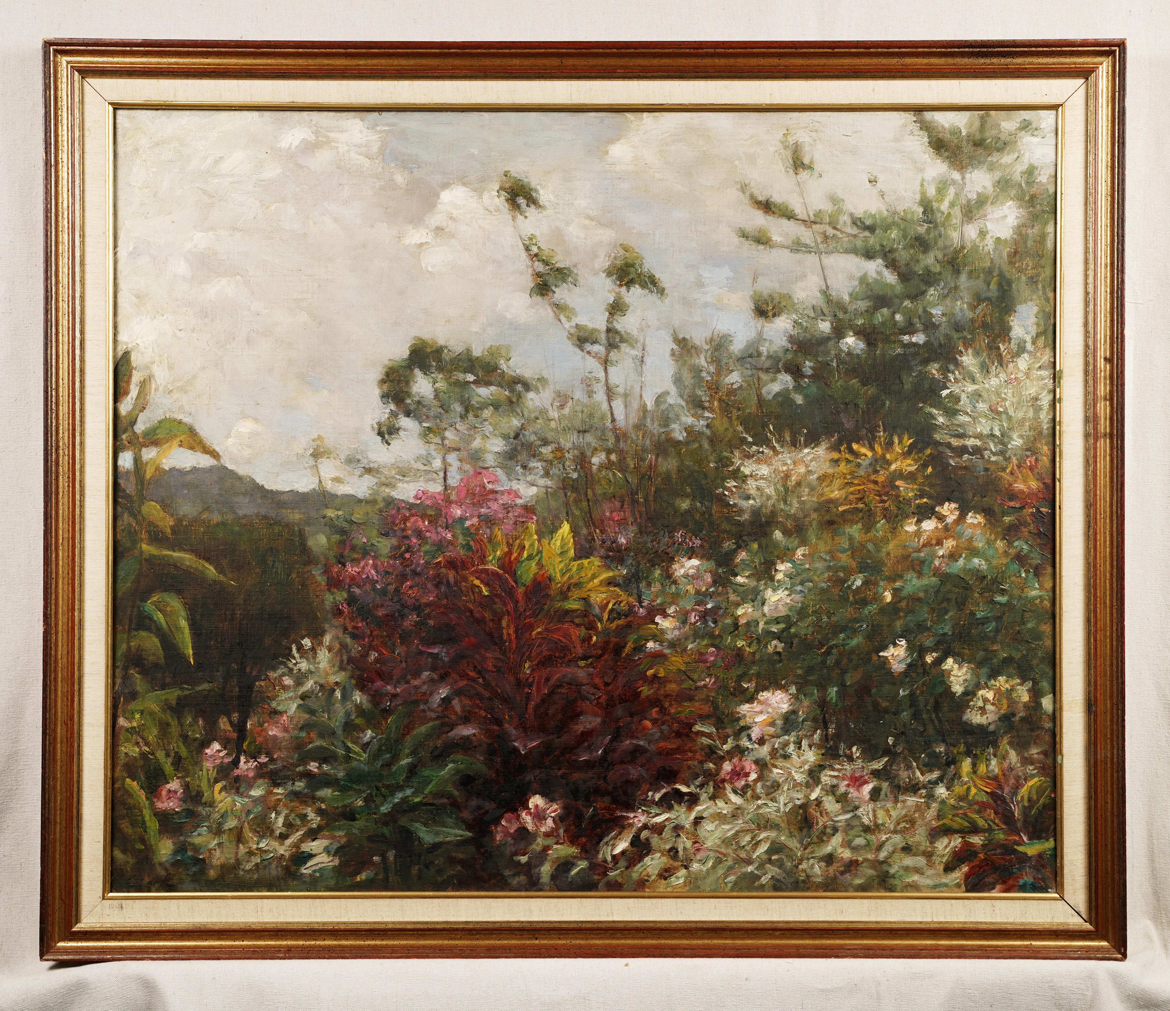 Antiguo cuadro impresionista americano Paisaje tropical Jardín de flores enmarcado - Painting Impresionista de Unknown