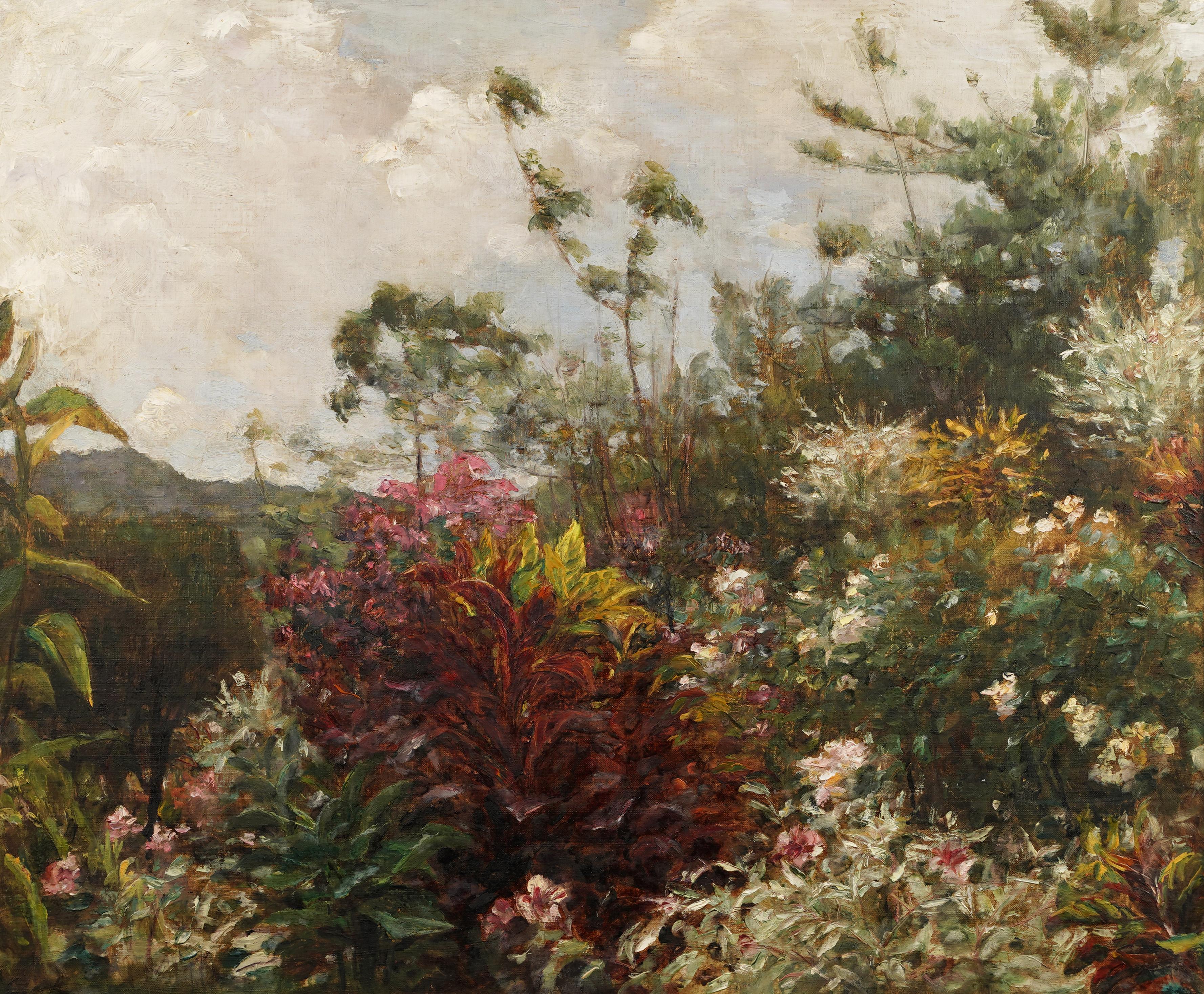 Antiguo cuadro impresionista americano Paisaje tropical Jardín de flores enmarcado - Landscape Painting Marrón de Unknown