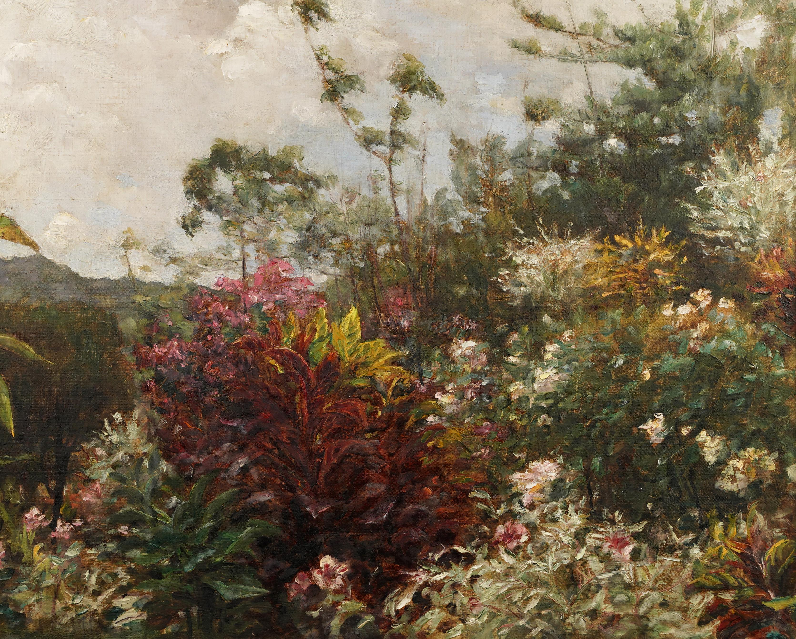 Antiguo óleo de paisaje impresionista americano.  Óleo sobre lienzo.   Enmarcado.  Reverso de la etiqueta.  