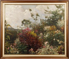 Antiguo cuadro impresionista americano Paisaje tropical Jardín de flores enmarcado