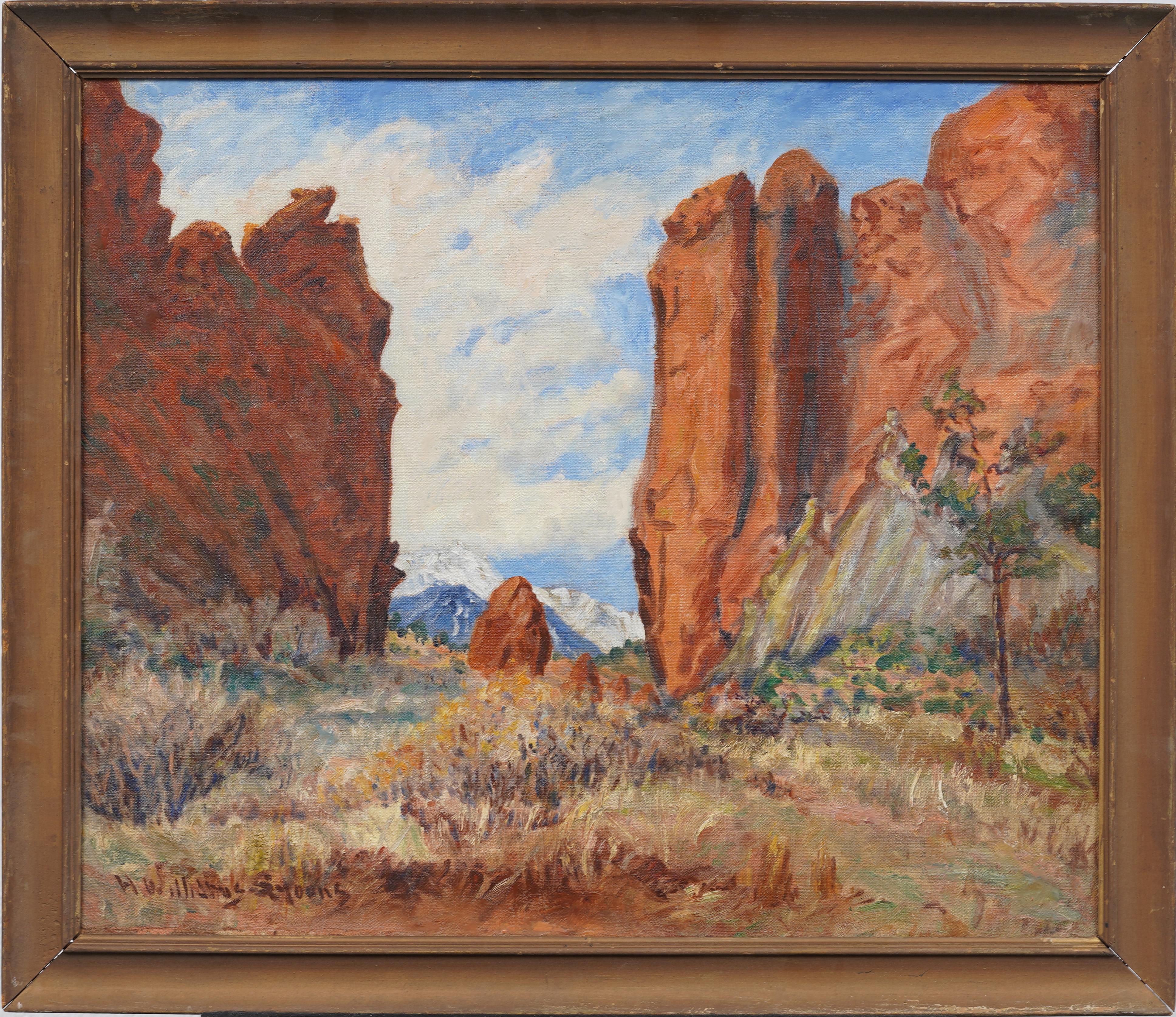 Antico dipinto impressionista americano del paesaggio occidentale Pike's Peak Colorado - Painting di Unknown