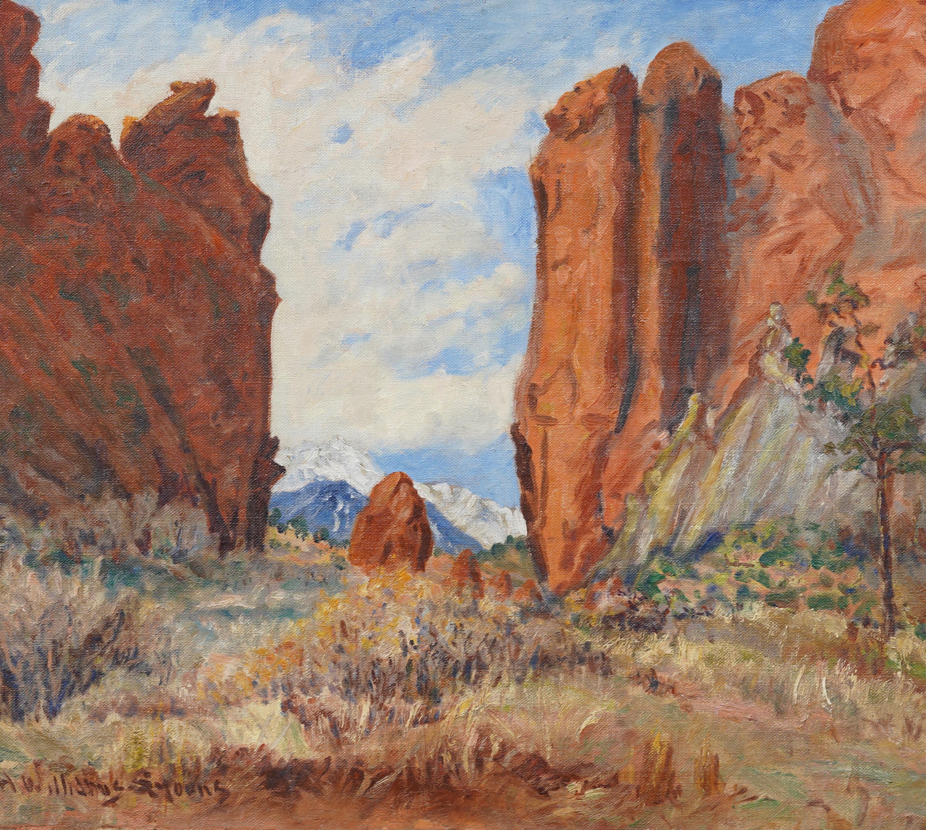Antico dipinto impressionista americano del paesaggio occidentale Pike's Peak Colorado - Abstract Painting Marrone di Unknown