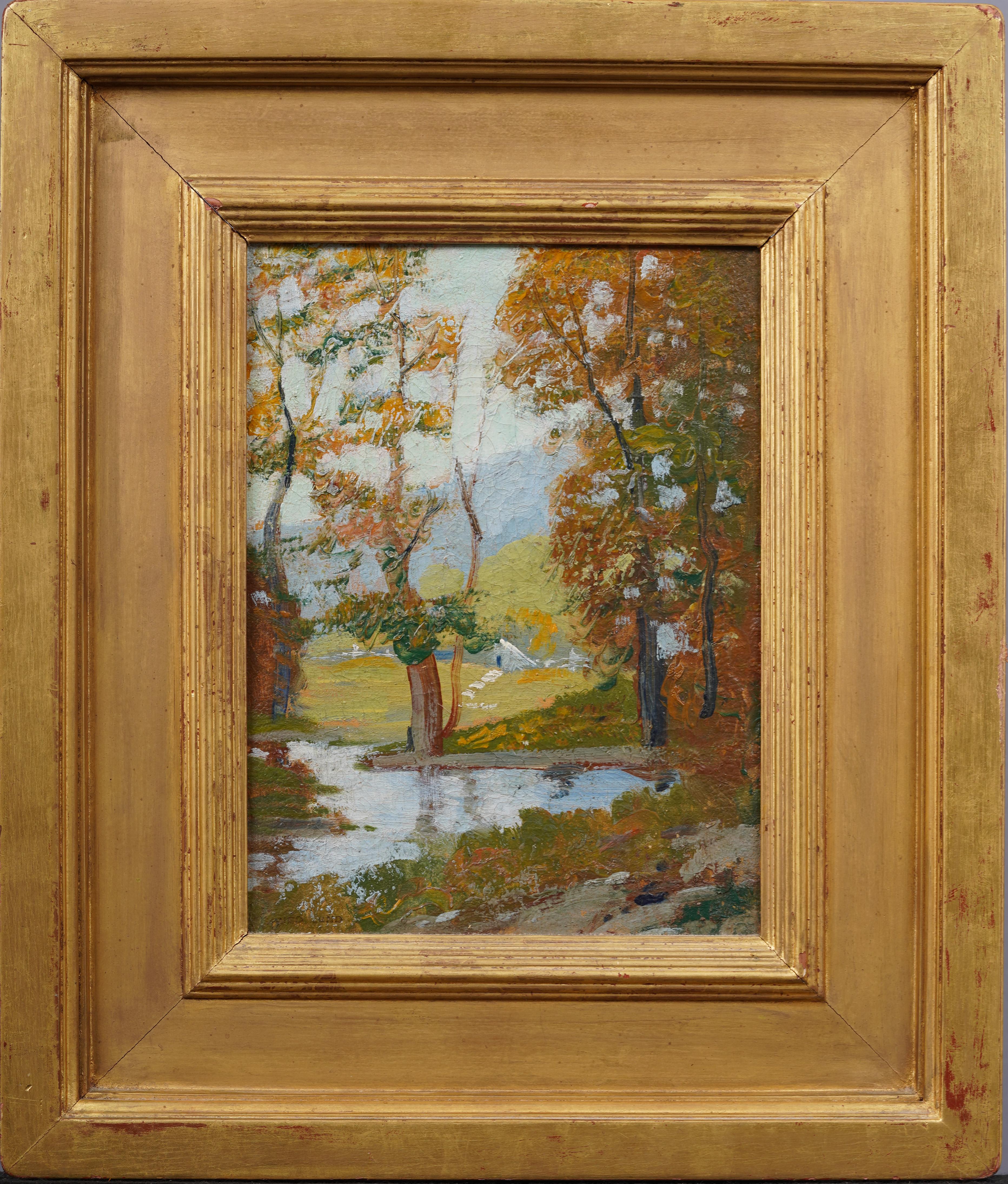 Antico dipinto ad olio di paesaggio autunnale impressionista americano con ampia cornice dorata - Painting di Unknown